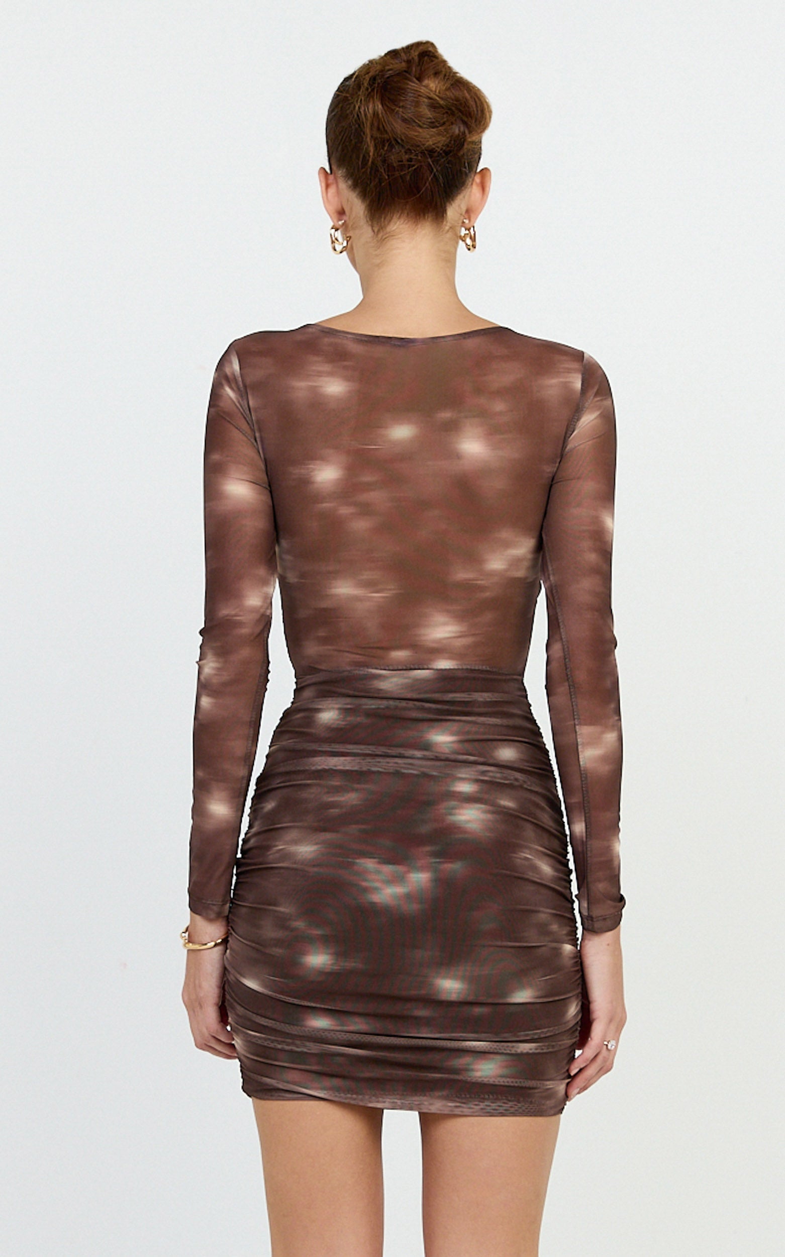 Zita Mini Dress - High Neck Long Sleeve Bodycon Mesh Dress in Chocolate Blurred Print