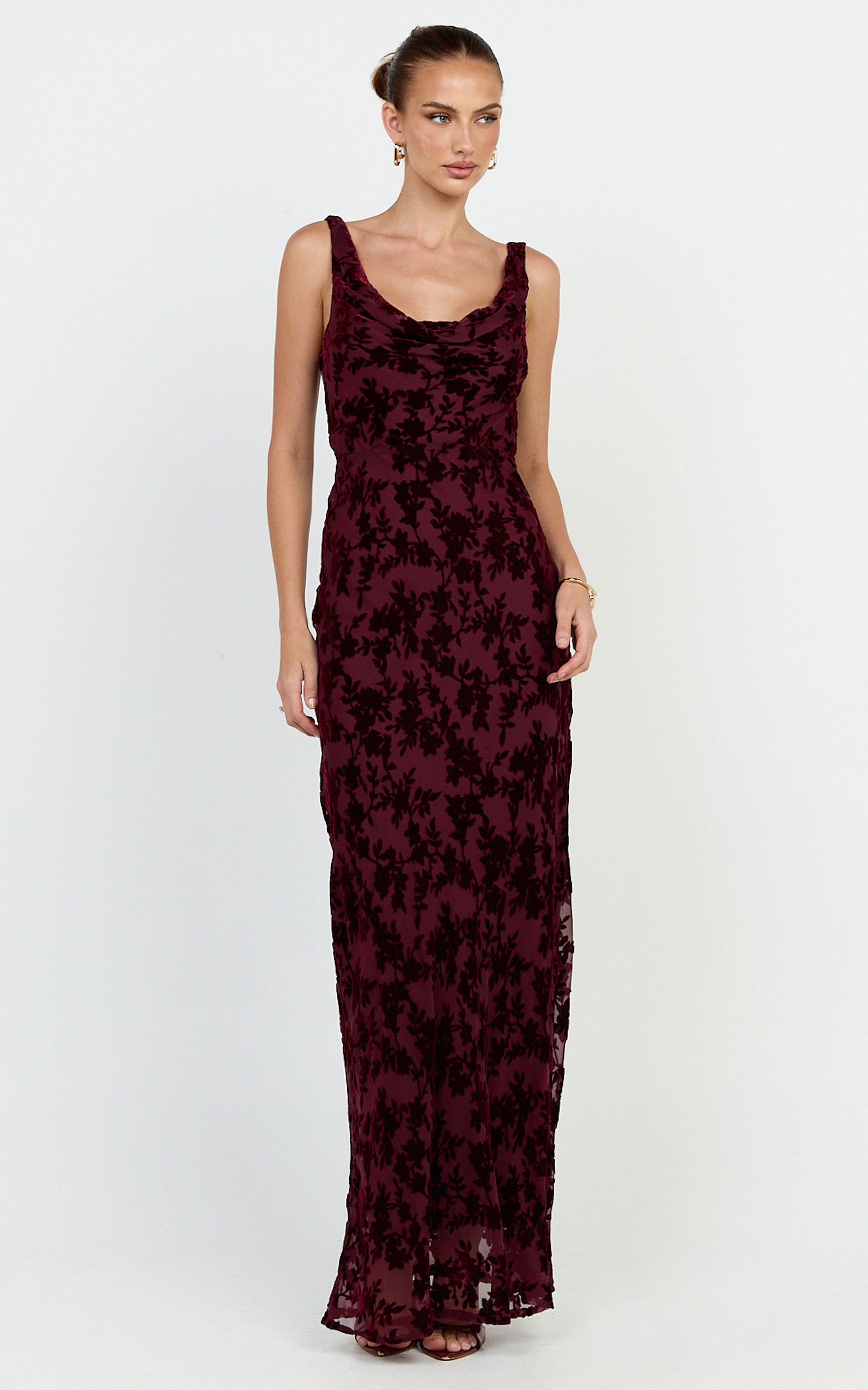 June Maxi Dress - Cowl Neck Scooped Back Slip Dress in Wine