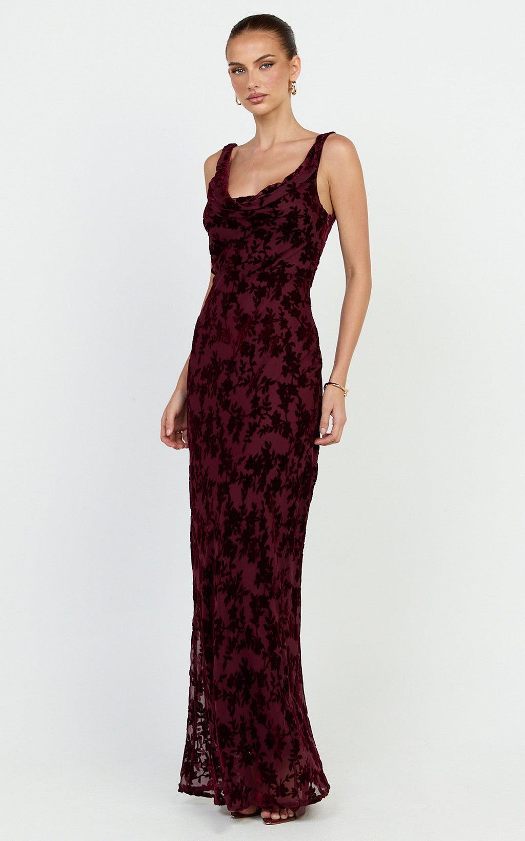 June Maxi Dress - Cowl Neck Scooped Back Slip Dress in Wine