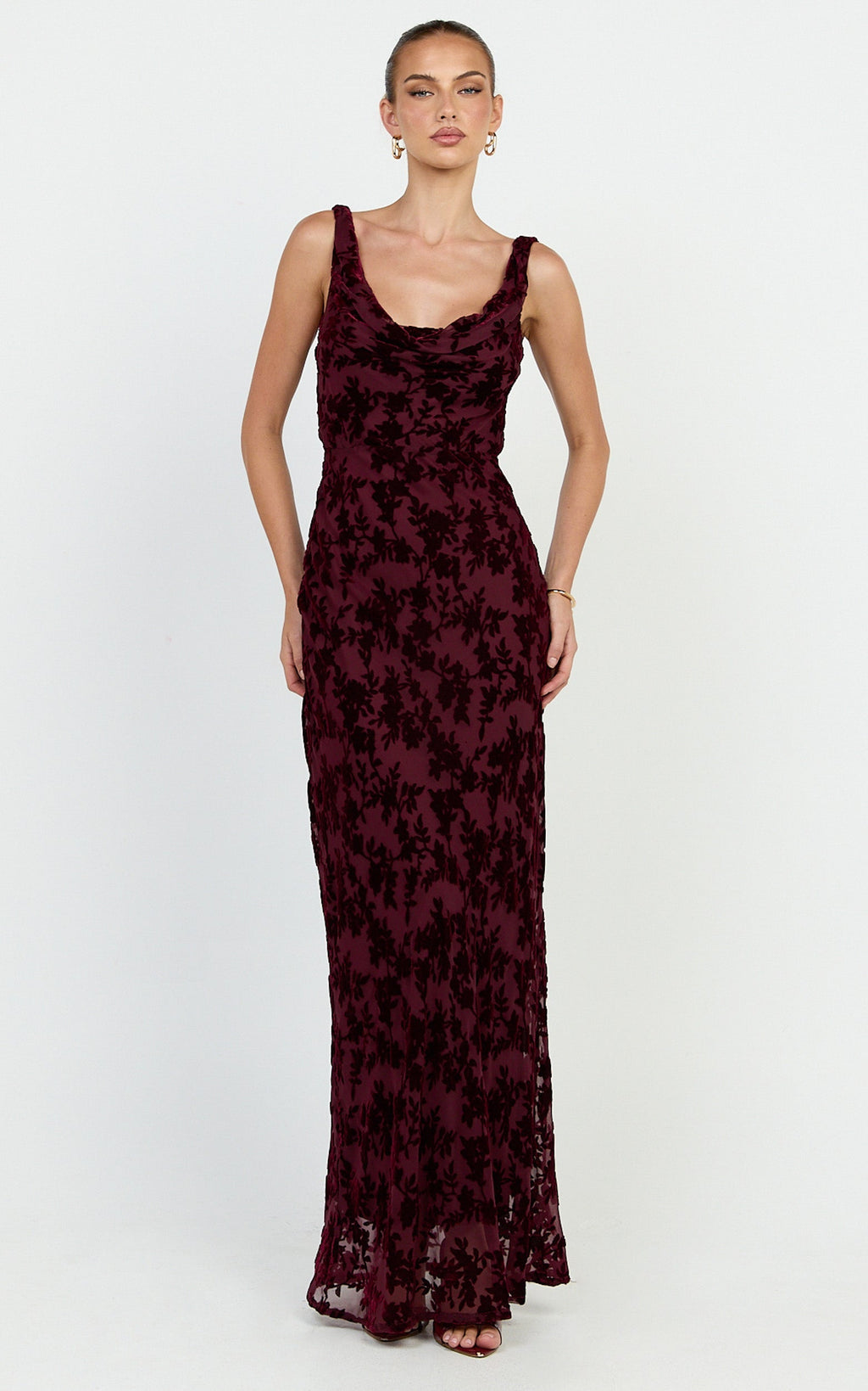 June Maxi Dress - Cowl Neck Scooped Back Slip Dress in Wine
