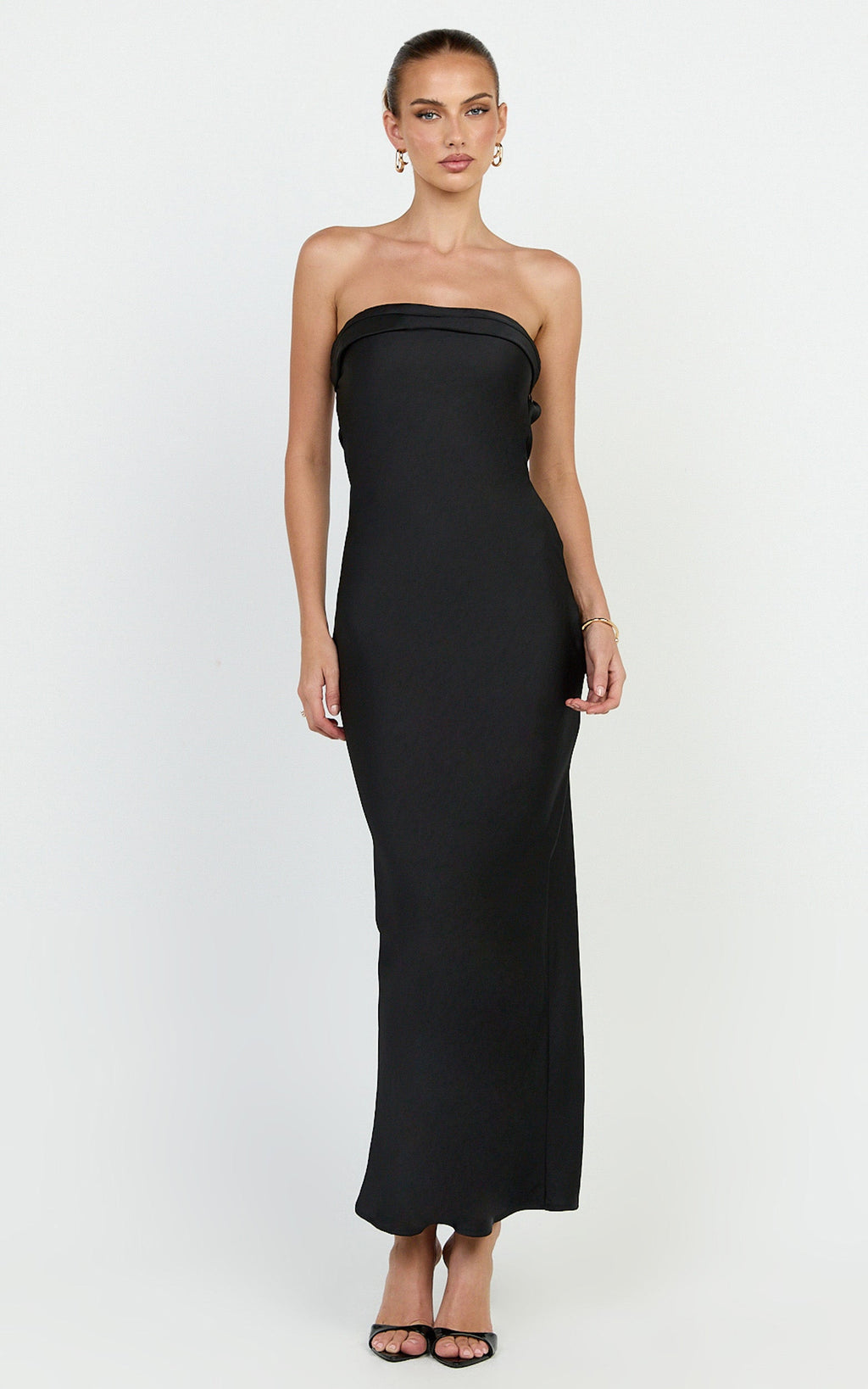 Rumi Midi Dress - Rushed Bodiest Satin Dress in Black