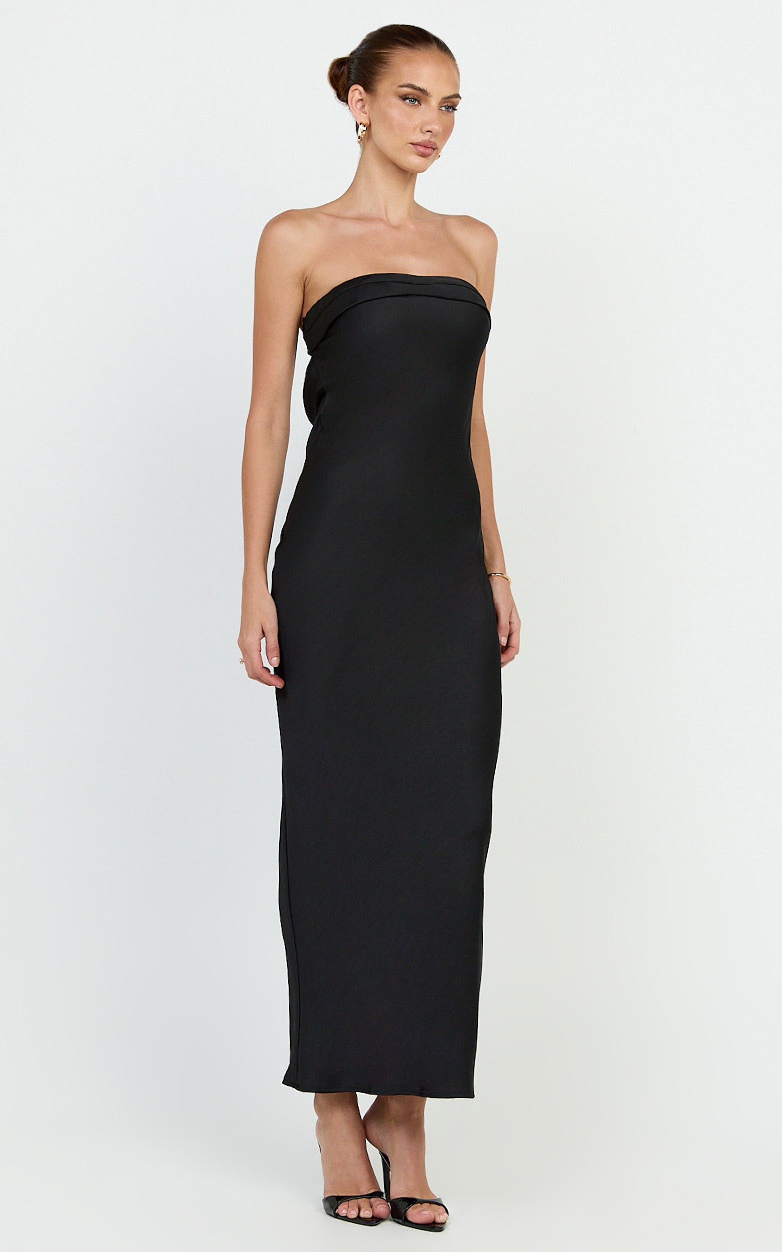 Rumi Midi Dress - Rushed Bodiest Satin Dress in Black