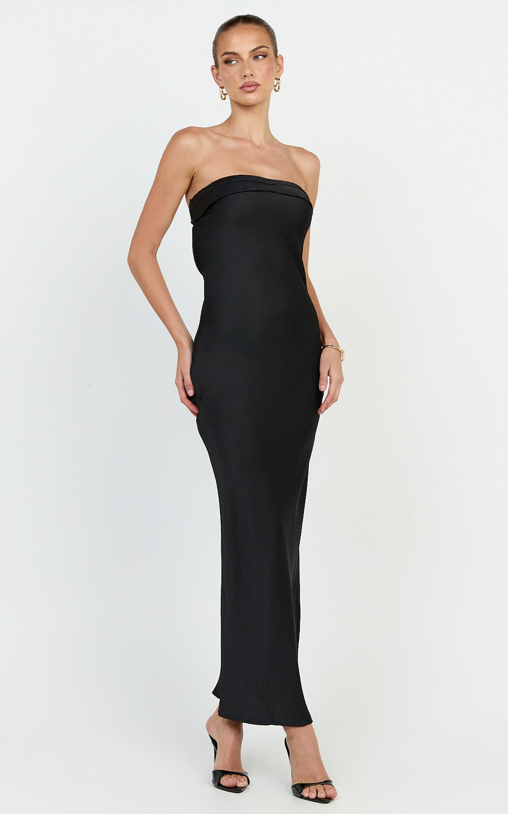 Rumi Midi Dress - Rushed Bodiest Satin Dress in Black