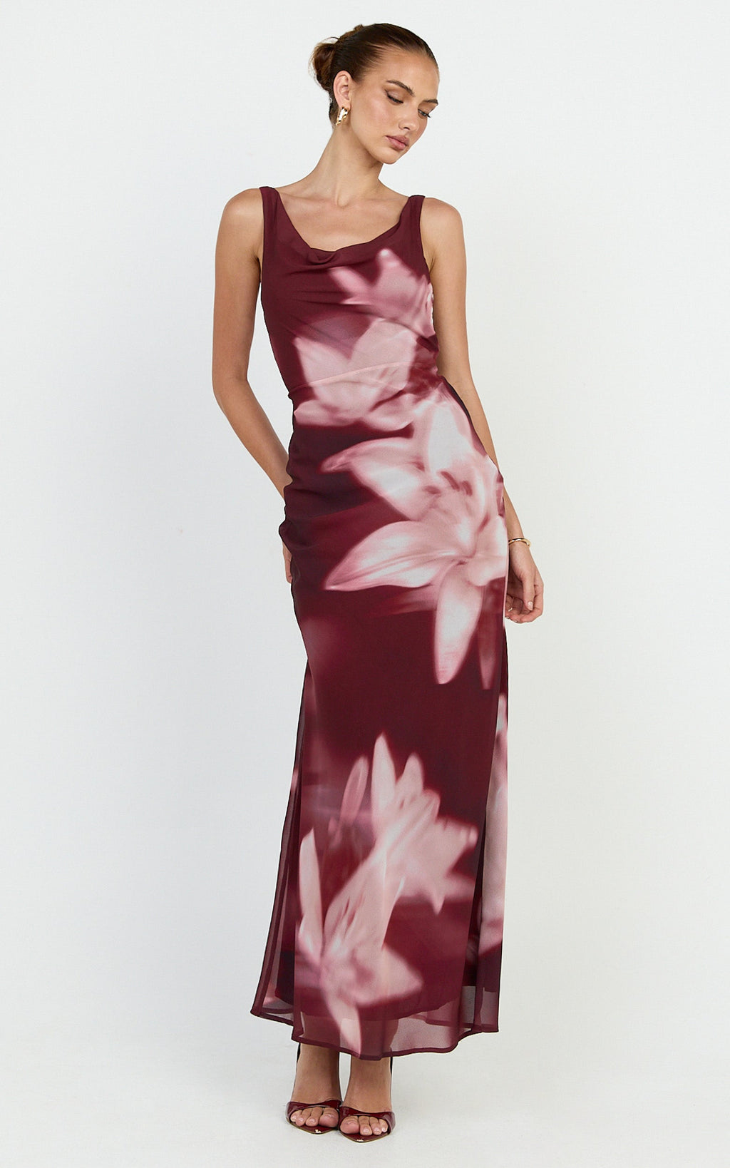 Myra Maxi Dress - Cowl Neck Scoop Back Slip Dress in Maroon Lily Print