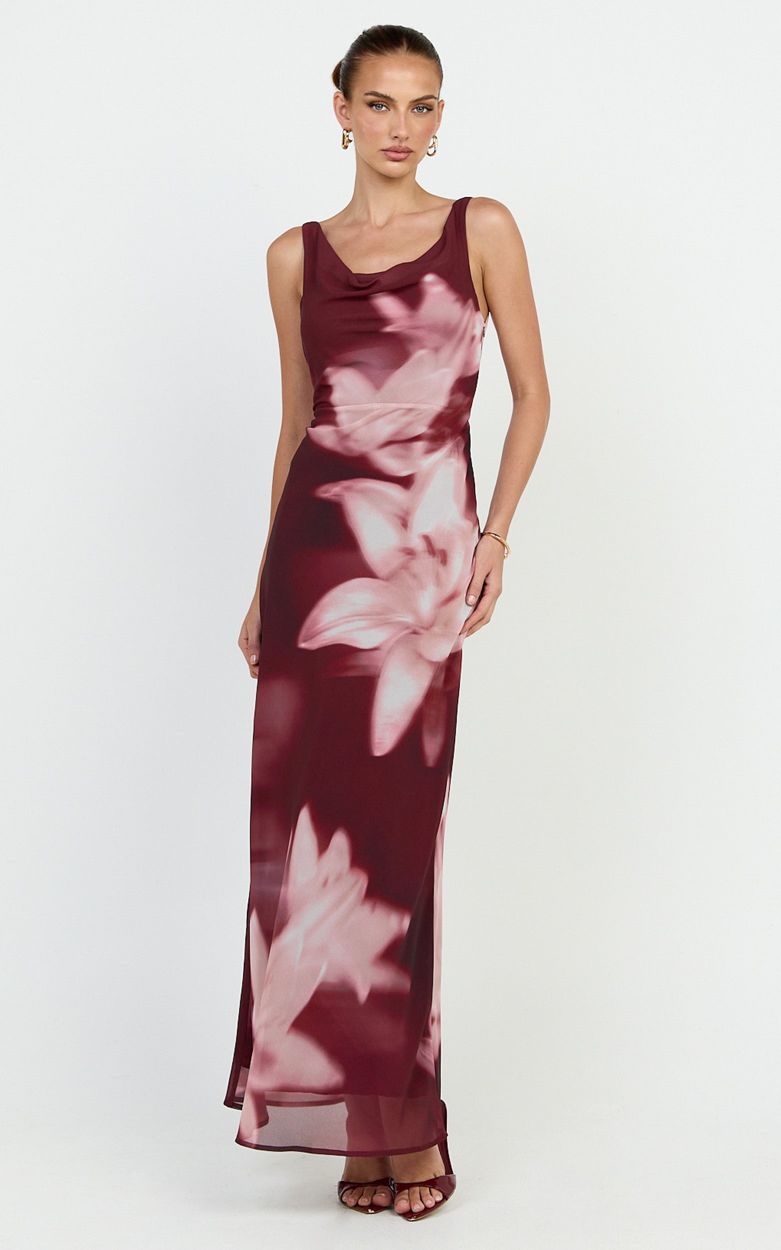 Myra Maxi Dress - Cowl Neck Scoop Back Slip Dress in Maroon Lily Print