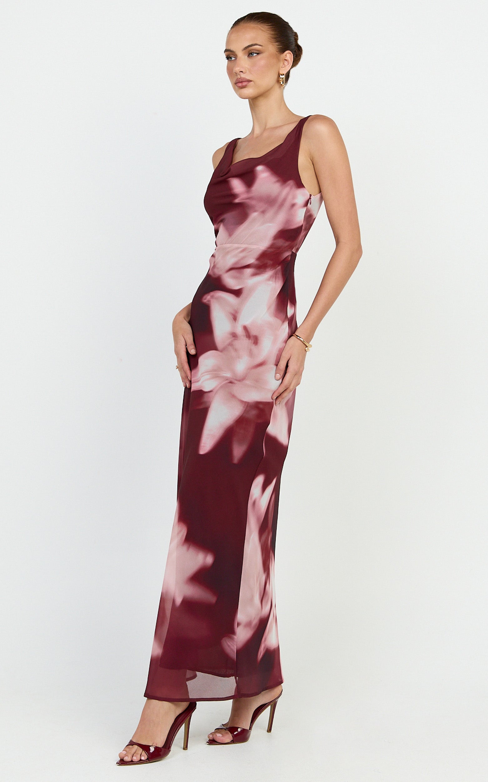 Myra Maxi Dress - Cowl Neck Scoop Back Slip Dress in Maroon Lily Print