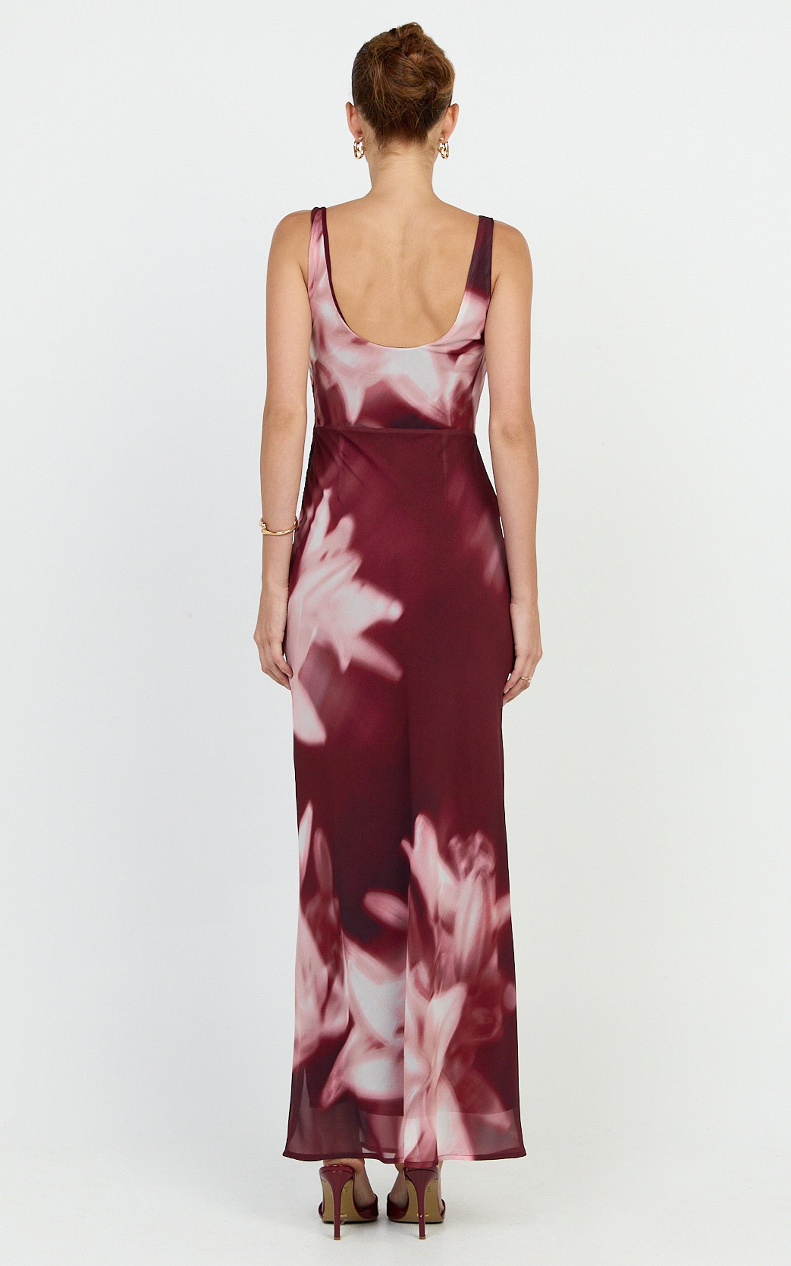 Myra Maxi Dress - Cowl Neck Scoop Back Slip Dress in Maroon Lily Print