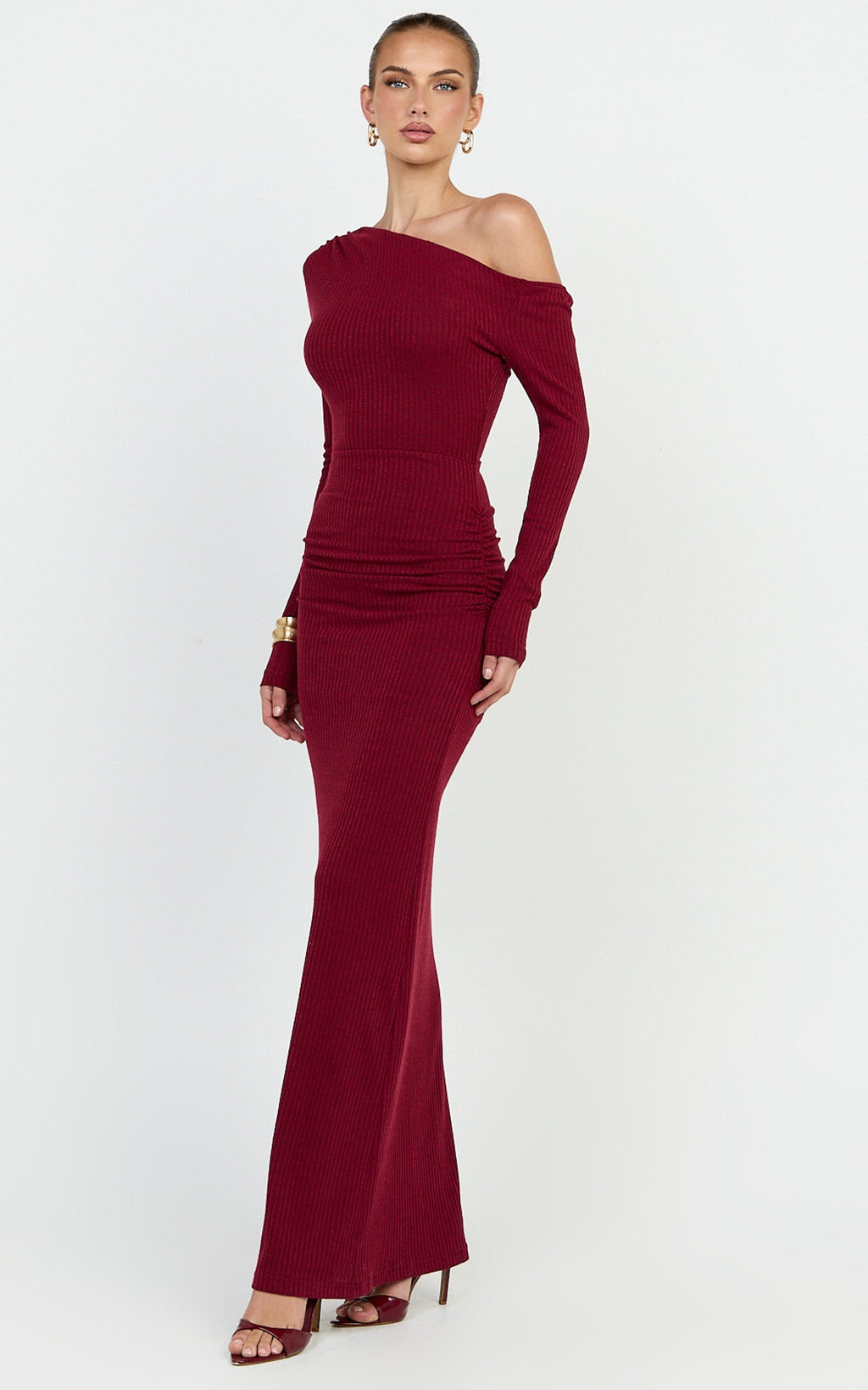 Faith Maxi Dress - Off Shoulder Long Sleeve Maxi Dress in Wine