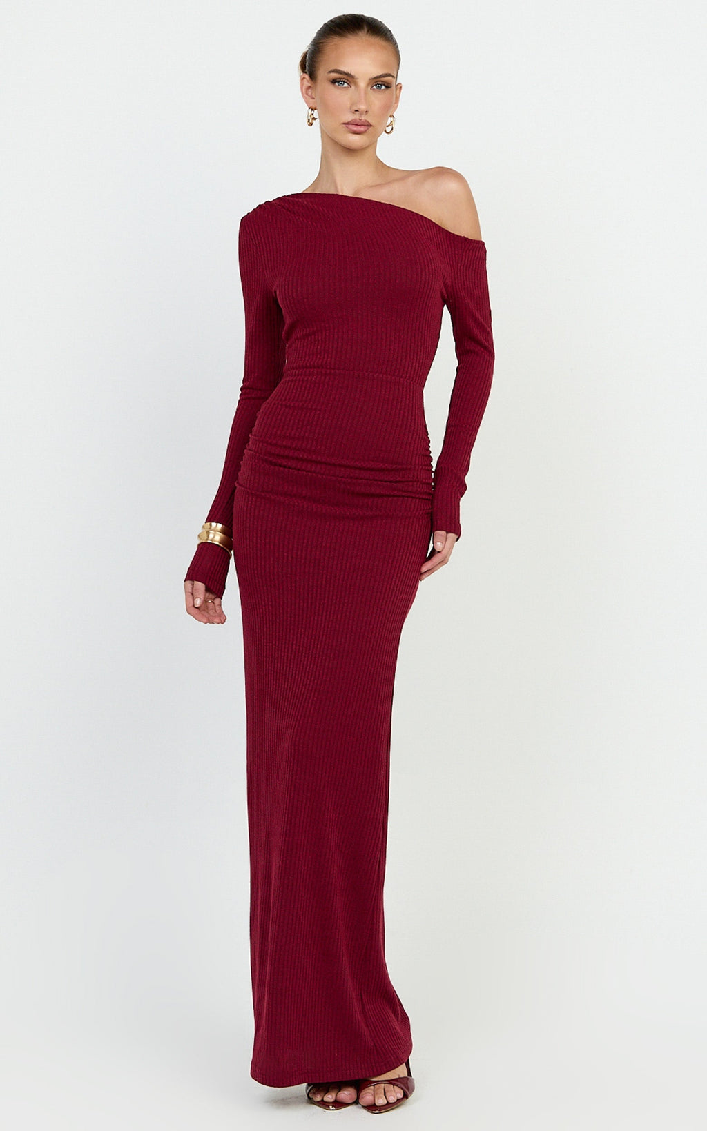 Faith Maxi Dress - Off Shoulder Long Sleeve Maxi Dress in Wine