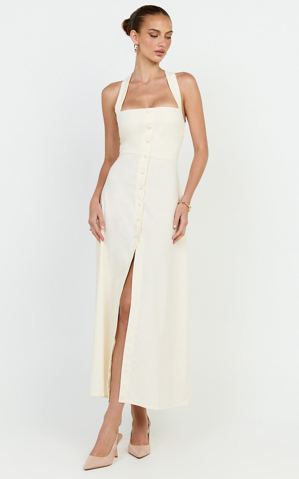 Marla Midi Dress - Square Neck Button Front Shift Dress in Cream