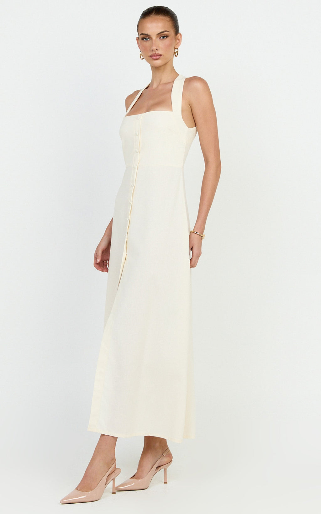 Marla Midi Dress - Square Neck Button Front Shift Dress in Cream
