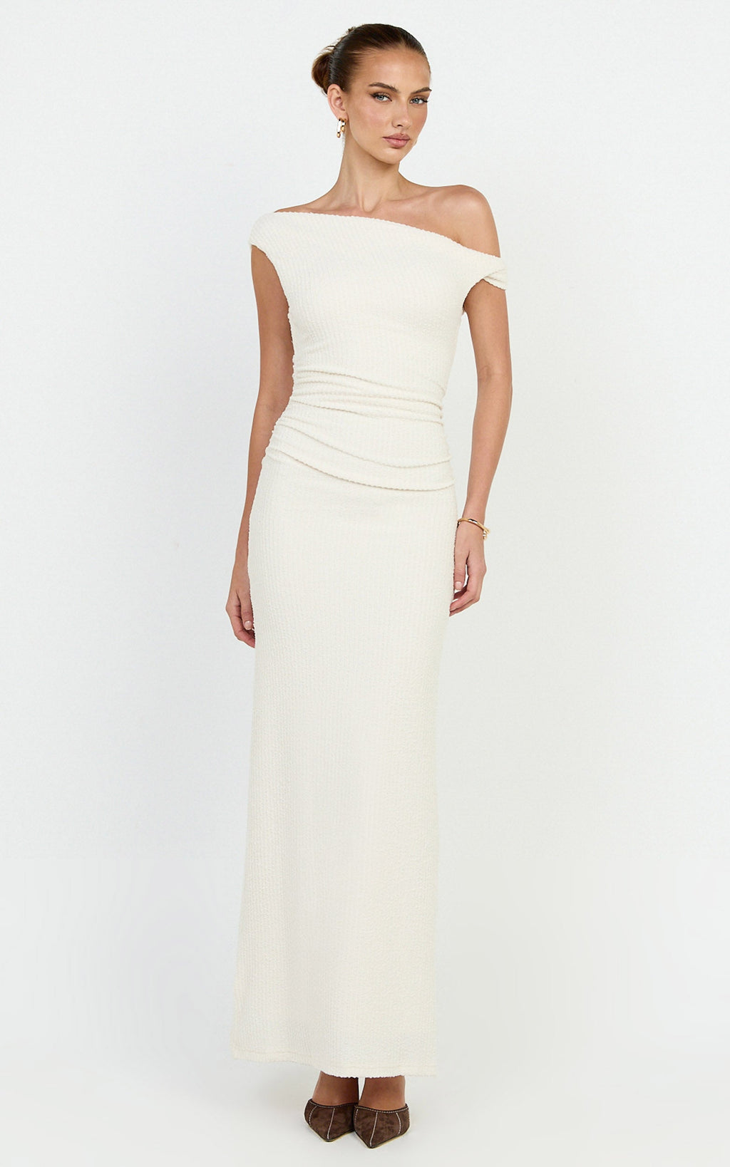 Veda Maxi Dress - Asymmetric One Shoulder Ruched Maxi Dress in Cream