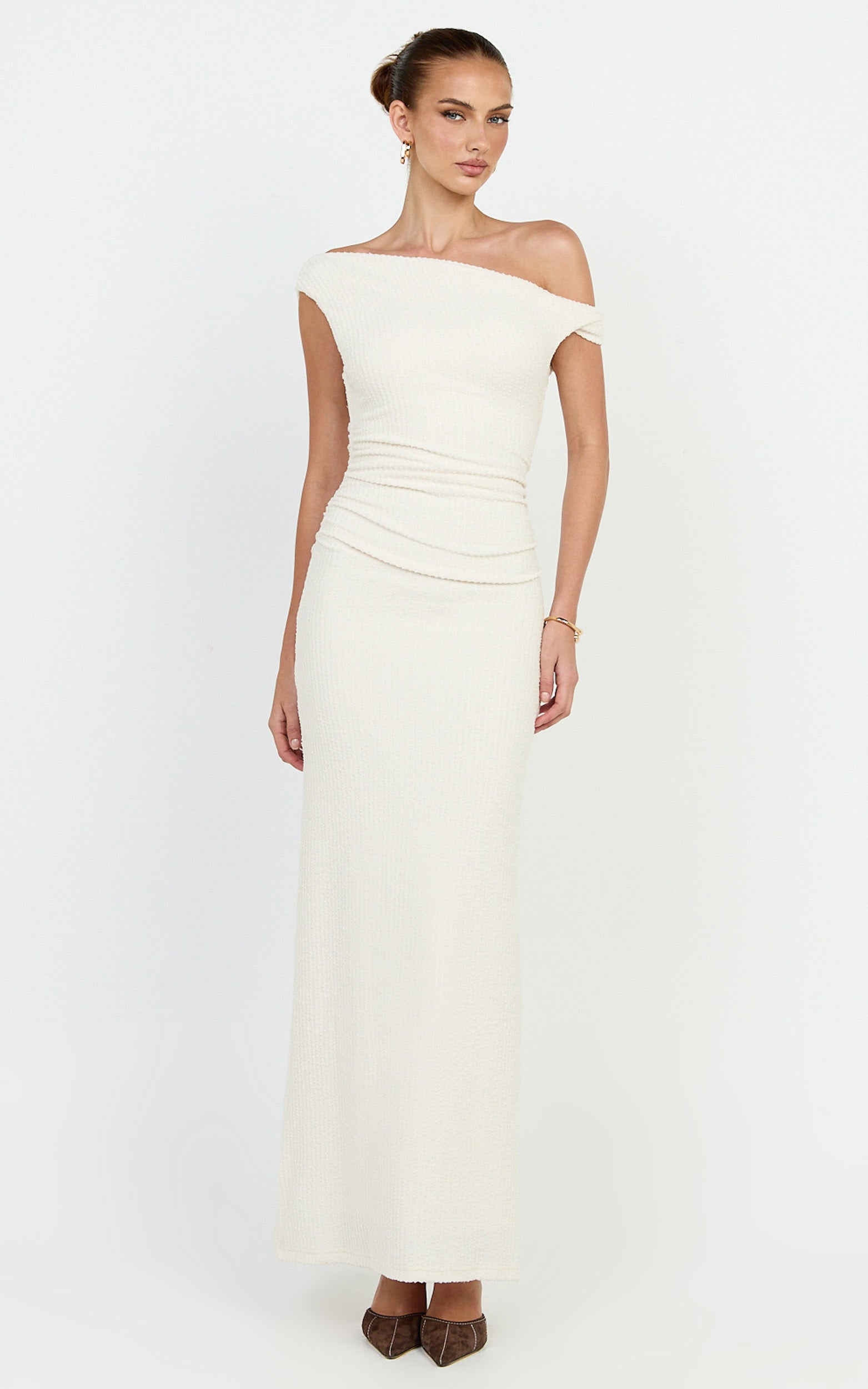 Veda Maxi Dress - Asymmetric One Shoulder Ruched Maxi Dress in Cream