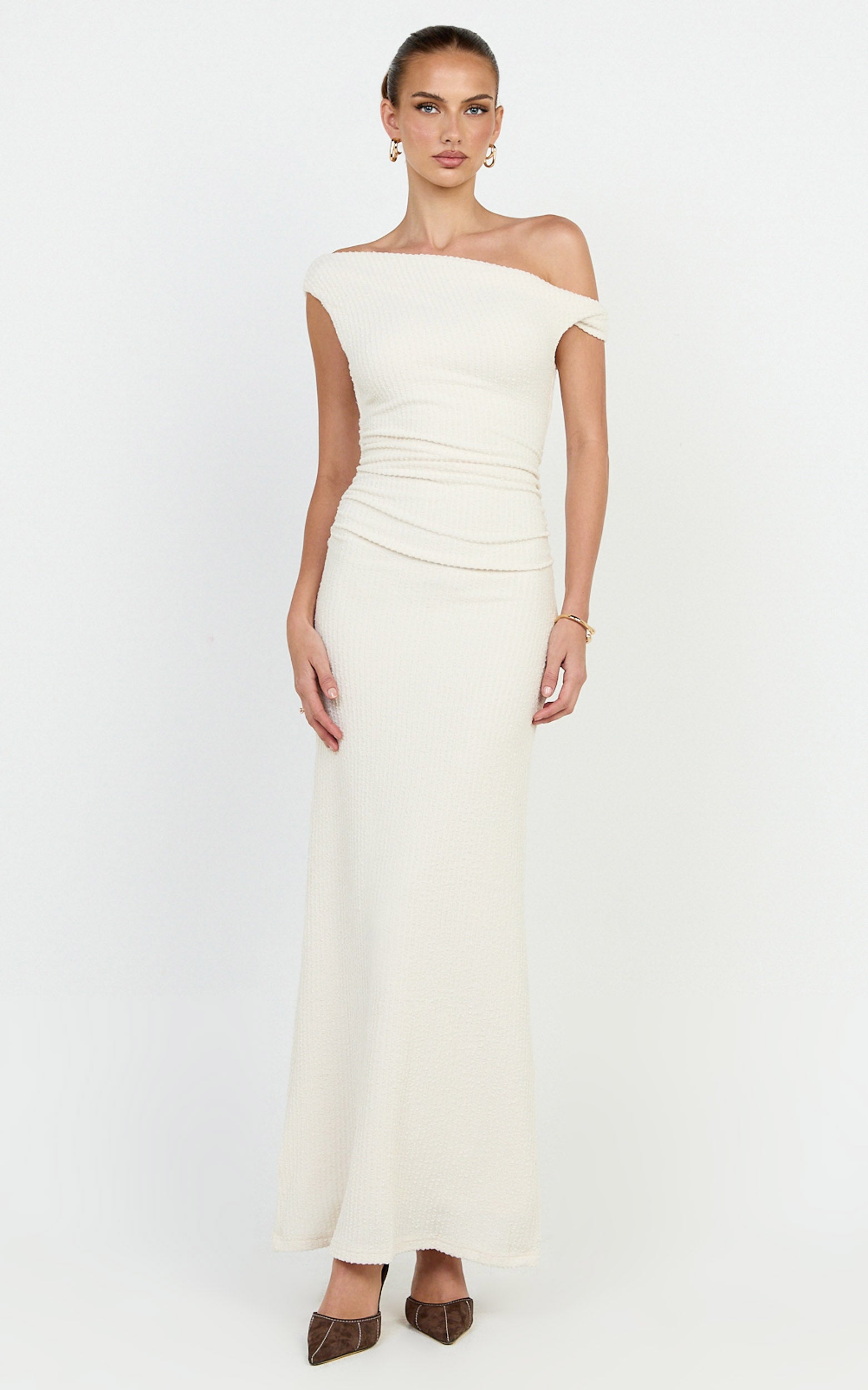 Veda Maxi Dress - Asymmetric One Shoulder Ruched Maxi Dress in Cream