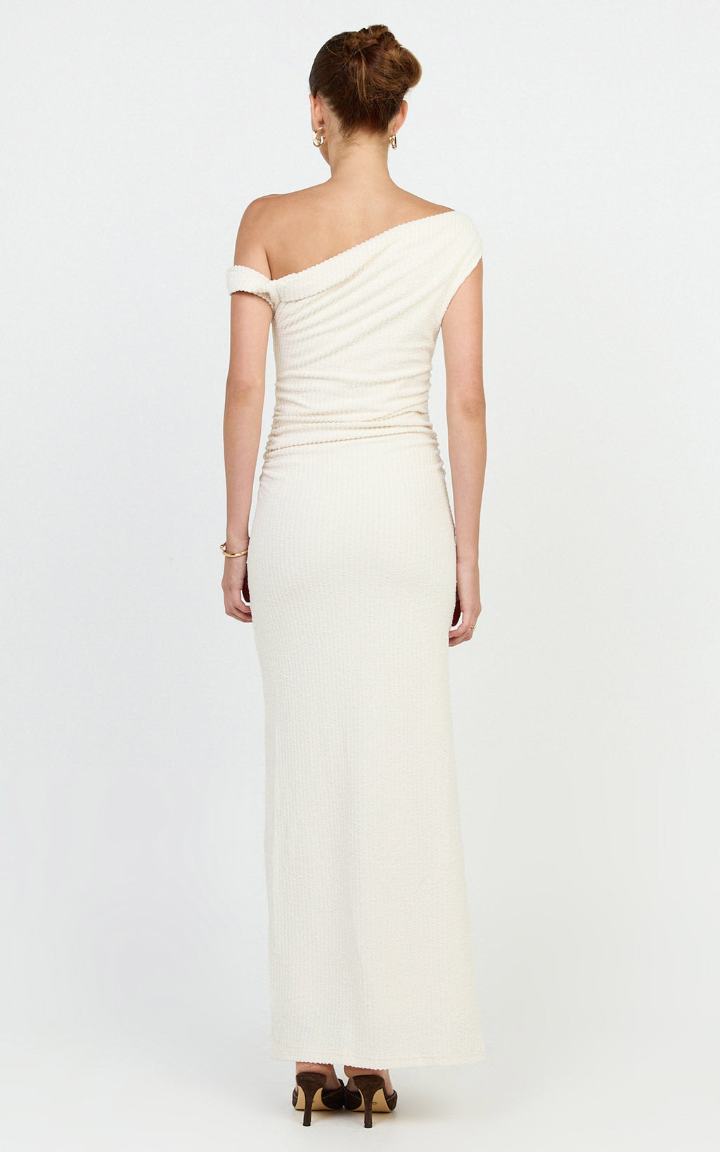 Veda Maxi Dress - Asymmetric One Shoulder Ruched Maxi Dress in Cream