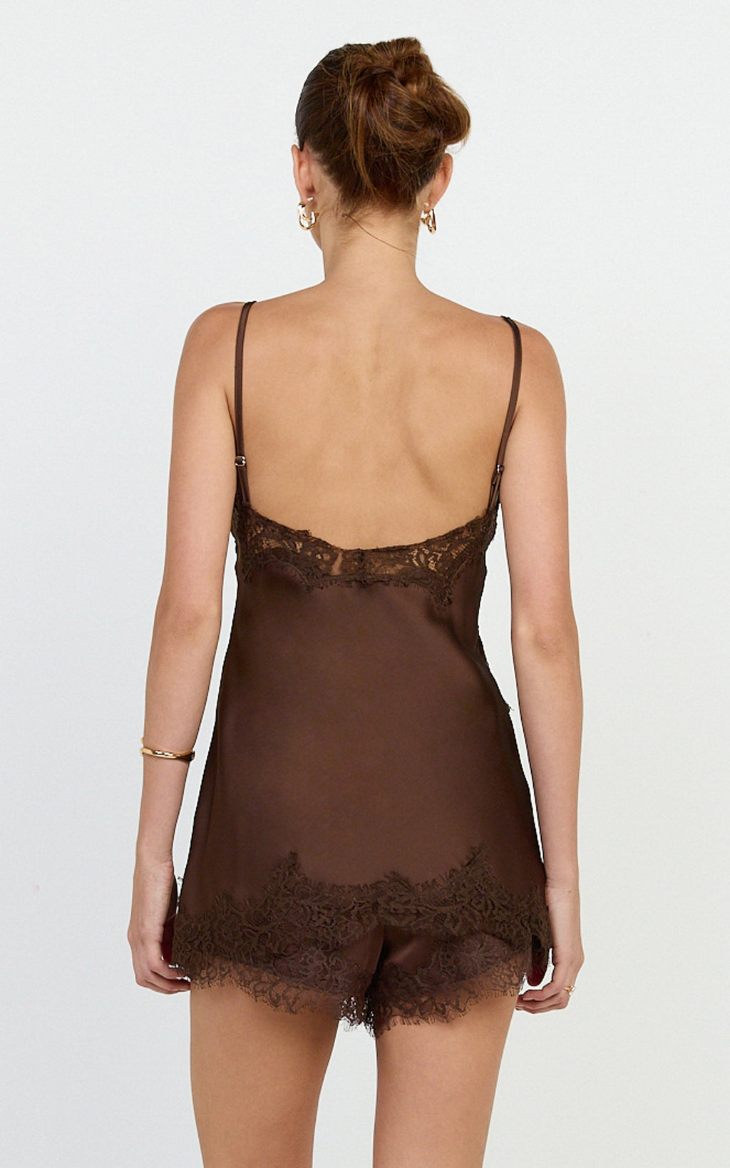 Ava Top - Lace Trim Longline Camisole Top in Chocolate