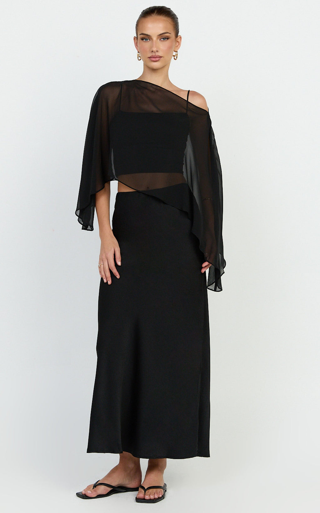 Aya Top - Sheer Off Shoulder Cape Top in Black