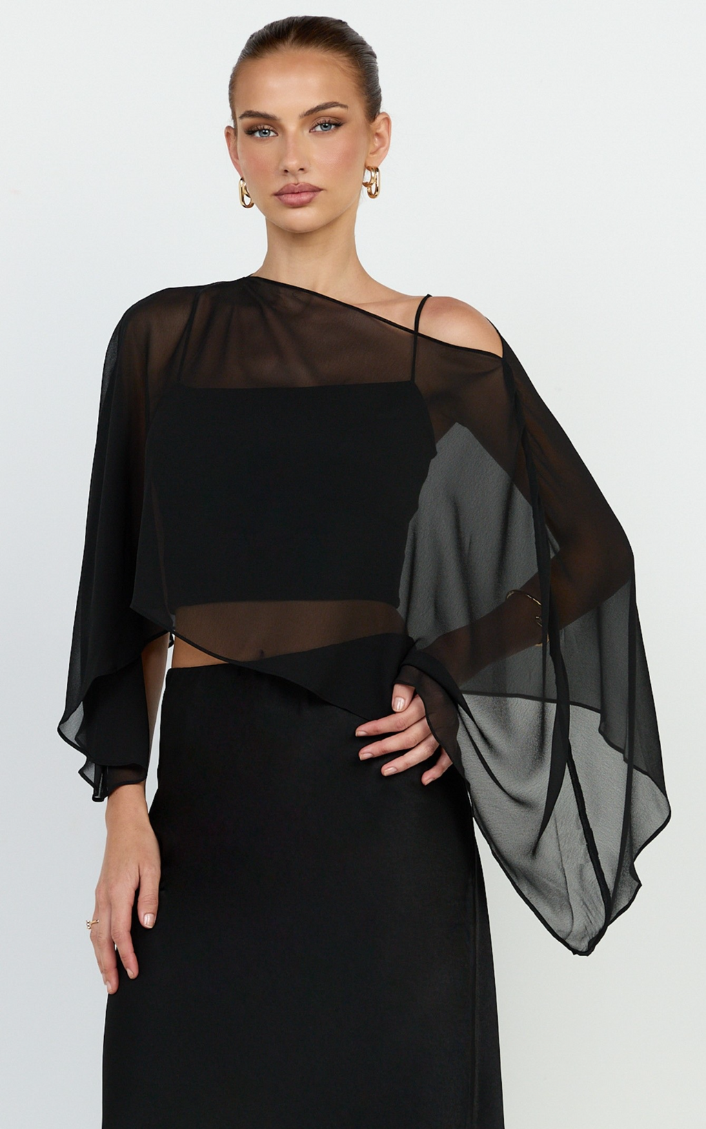 Aya Top - Sheer Off Shoulder Cape Top in Black
