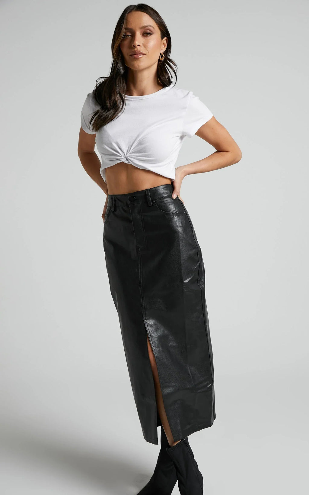 Jules Midi Skirt - Faux Leather High Waisted Front Split Midi Skirt in Black