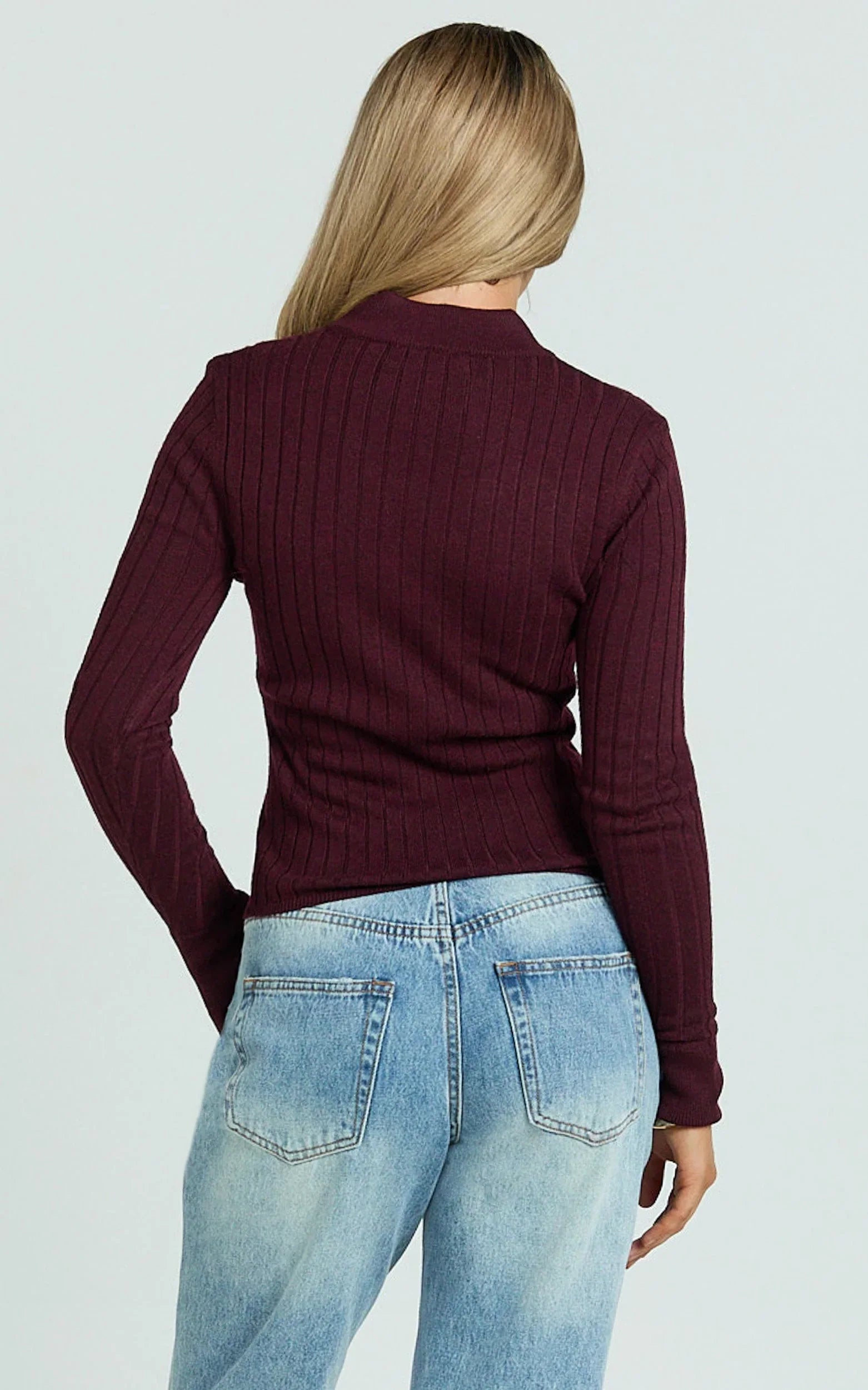 Jada Top - Double Zip Knitted Long Sleeve Top in Cherry Liqueur