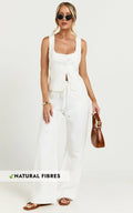 Hamilton Linen Blend Pants - Straight Elasticated Mid Waist Pants in White