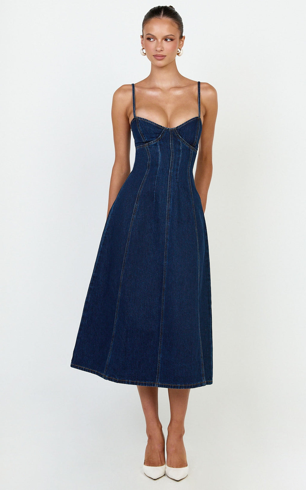 Prisha Midi Dress - Recycled Denim Fit and Flare Dress in Indigo Wash
