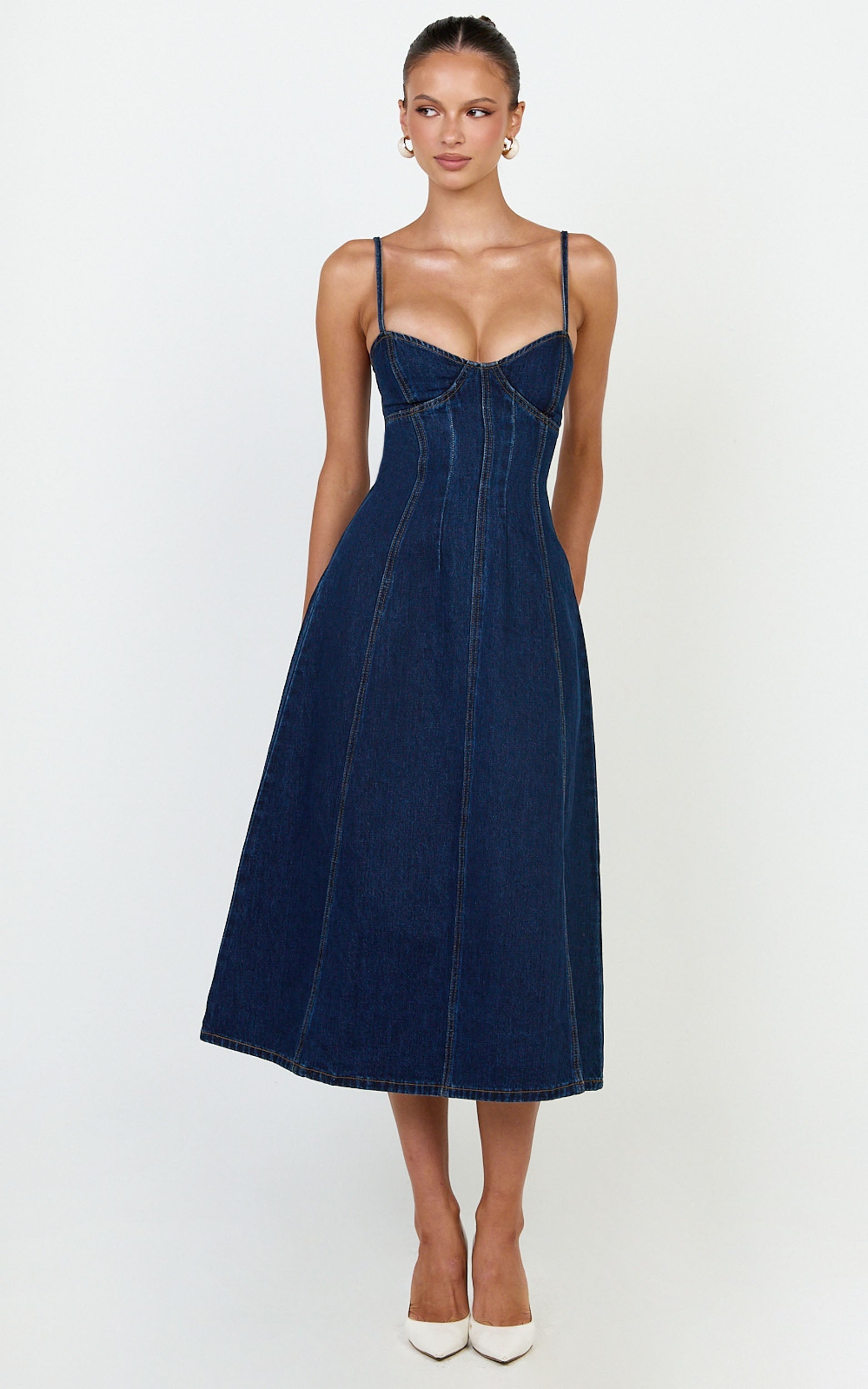 Prisha Midi Dress - Recycled Denim Fit and Flare Dress in Indigo Wash