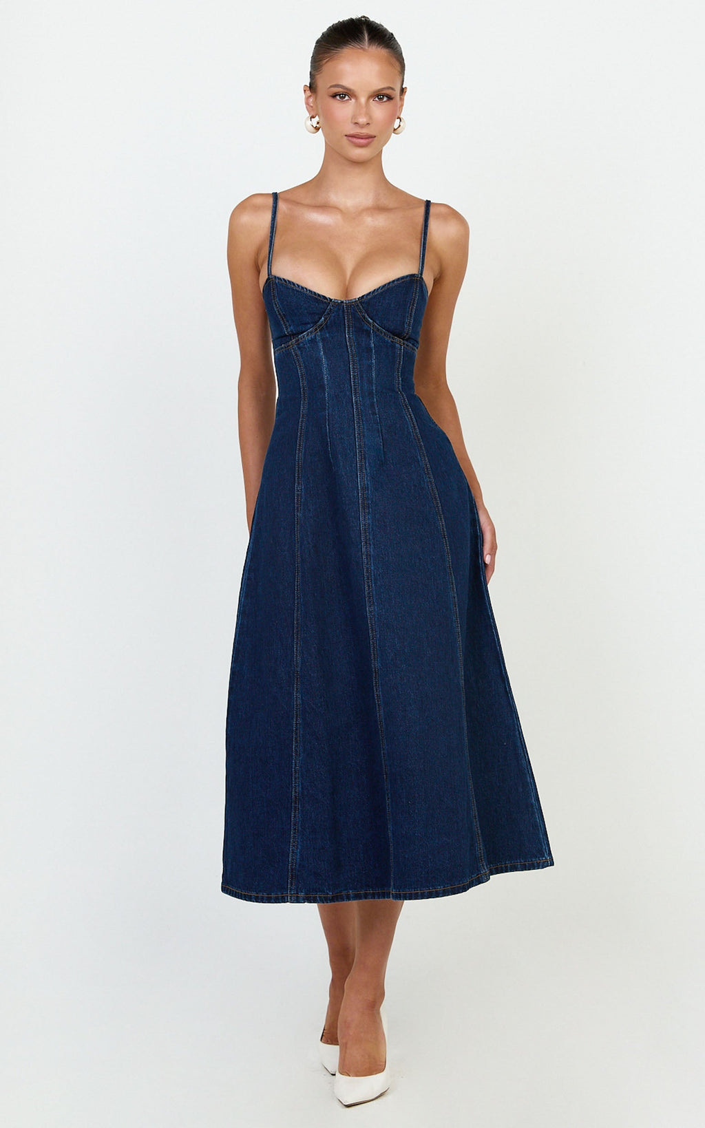 Prisha Midi Dress - Recycled Denim Fit and Flare Dress in Indigo Wash