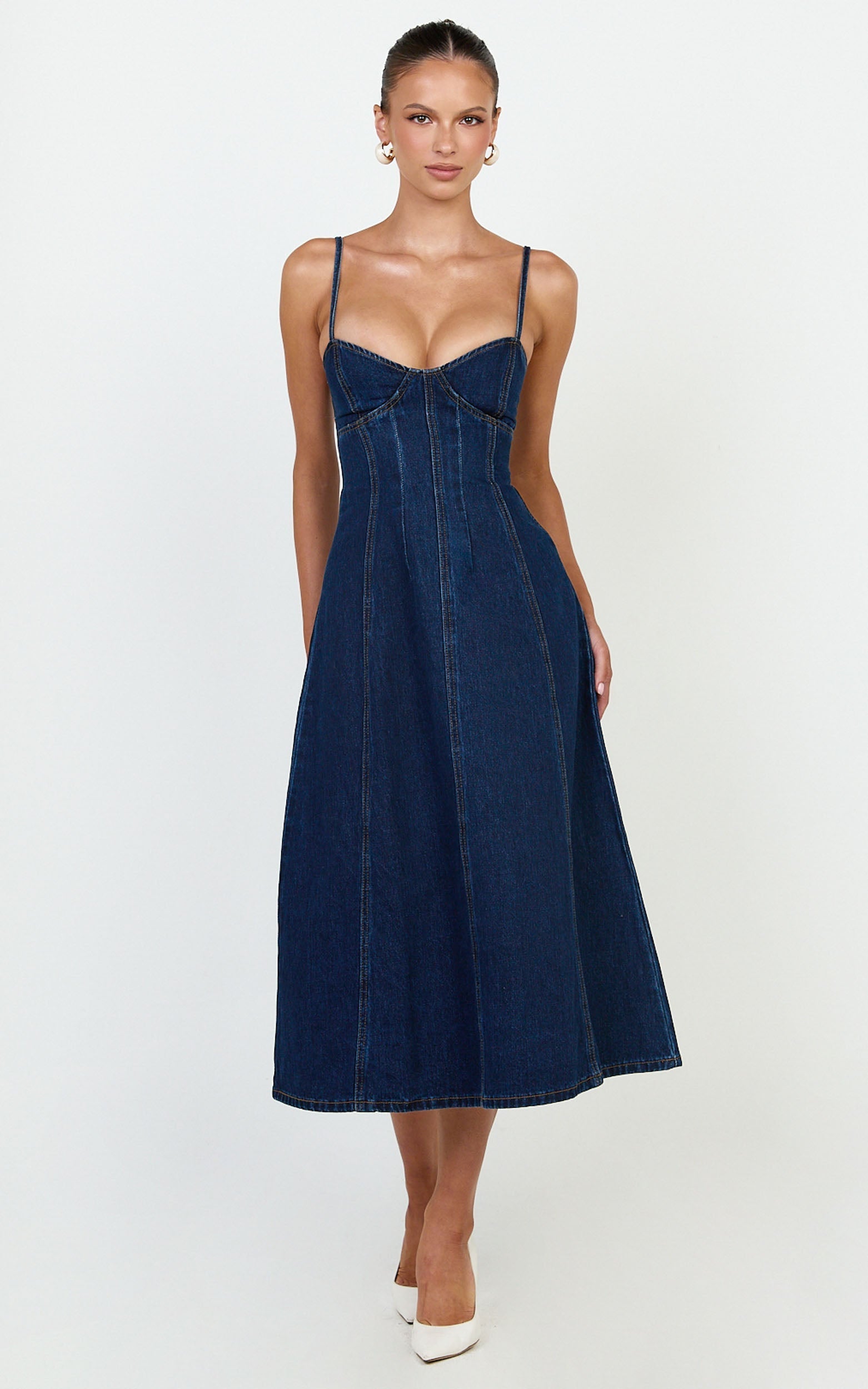 Prisha Midi Dress - Recycled Denim Fit and Flare Dress in Indigo Wash
