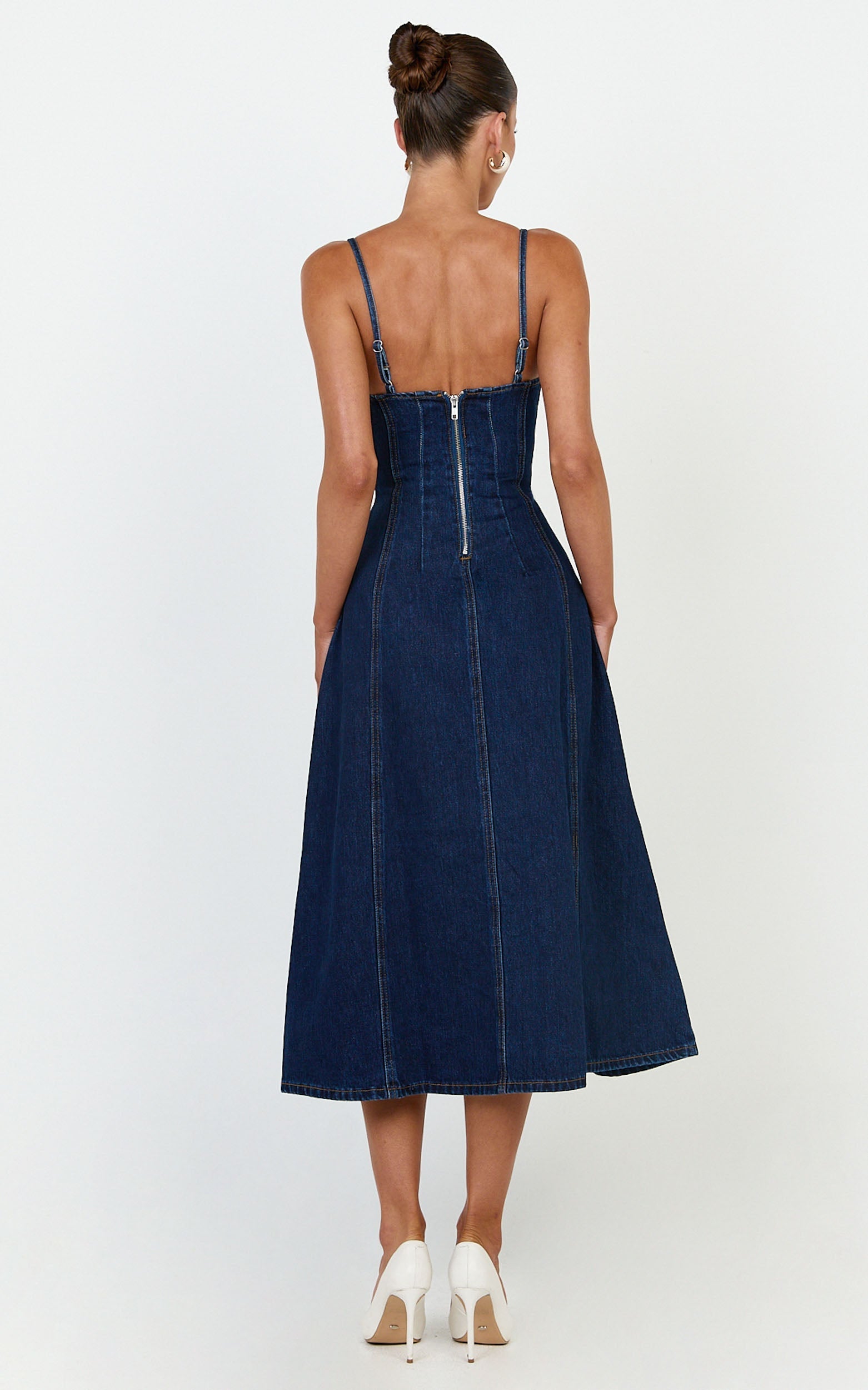 Prisha Midi Dress - Recycled Denim Fit and Flare Dress in Indigo Wash