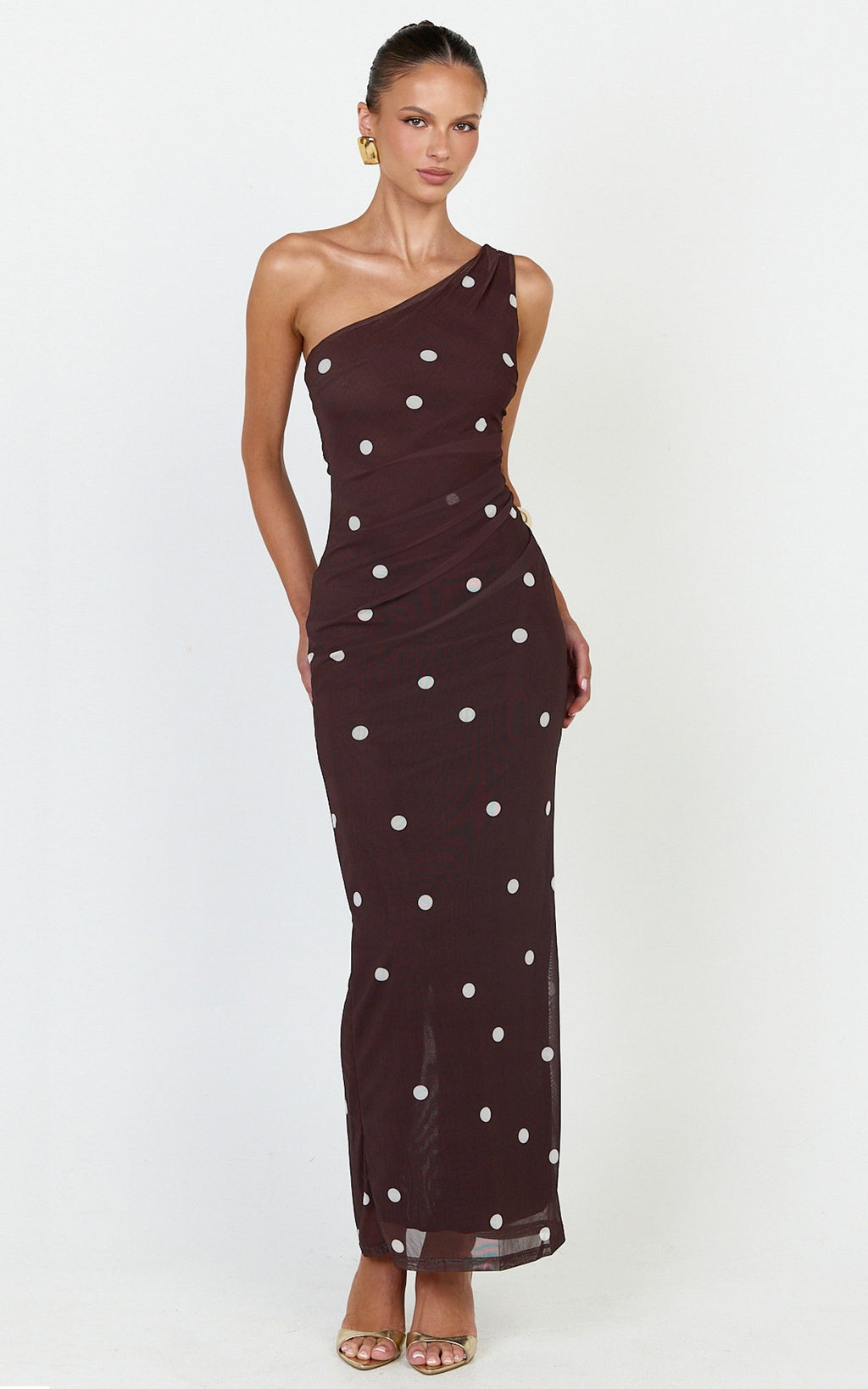 Criselda Maxi Dress - One Shoulder Maxi Dress in Chocolate Polkadot