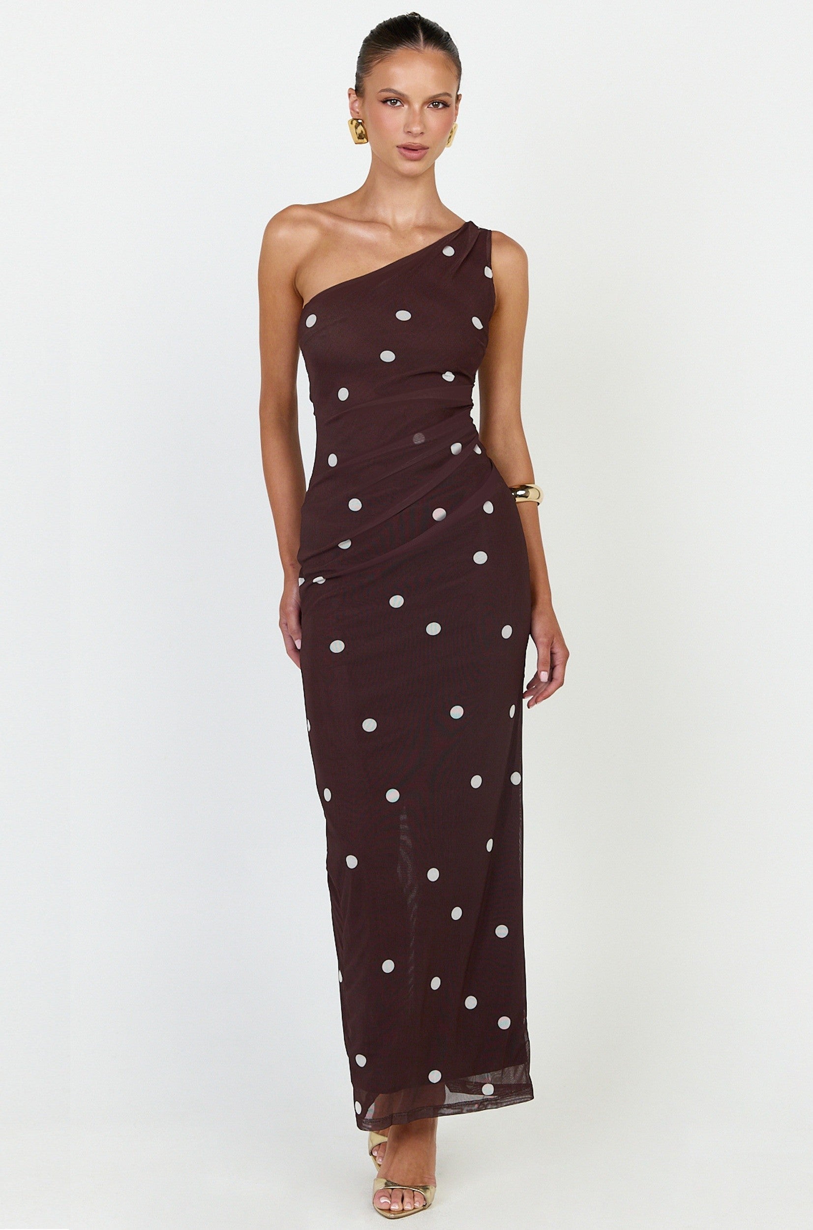 Criselda Maxi Dress - One Shoulder Maxi Dress in Chocolate Polkadot