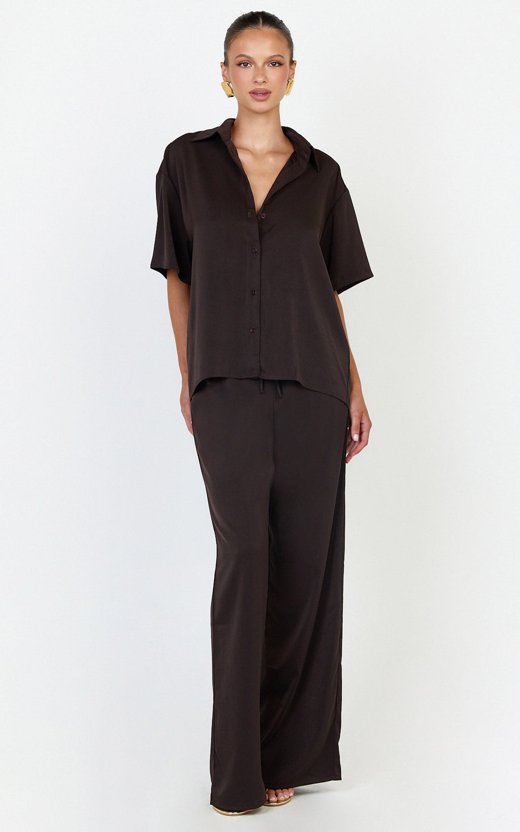 Robyn Pants - High Elastic Waist Relaxed Straight Leg Pants in Chocolate