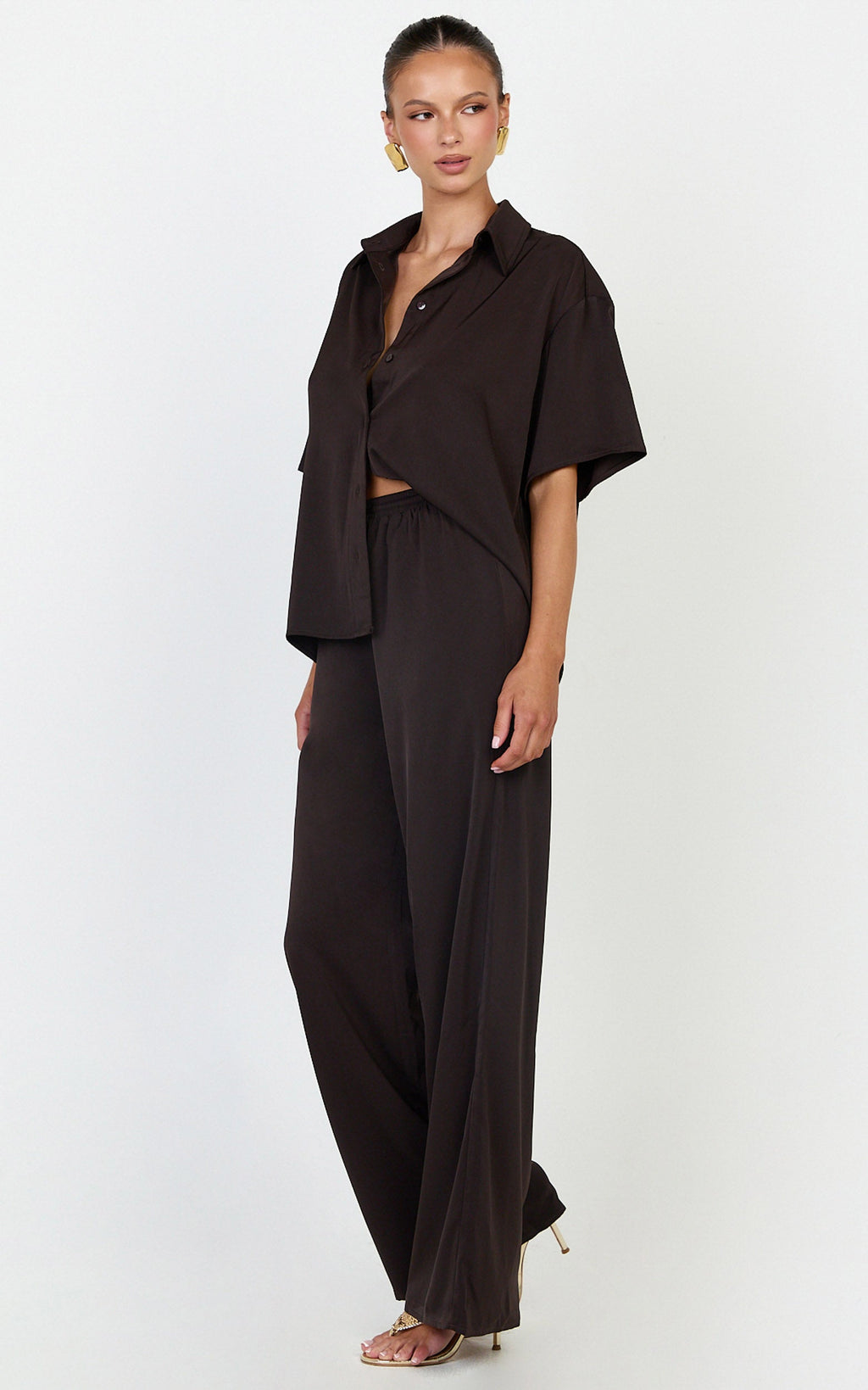 Robyn Pants - High Elastic Waist Relaxed Straight Leg Pants in Chocolate
