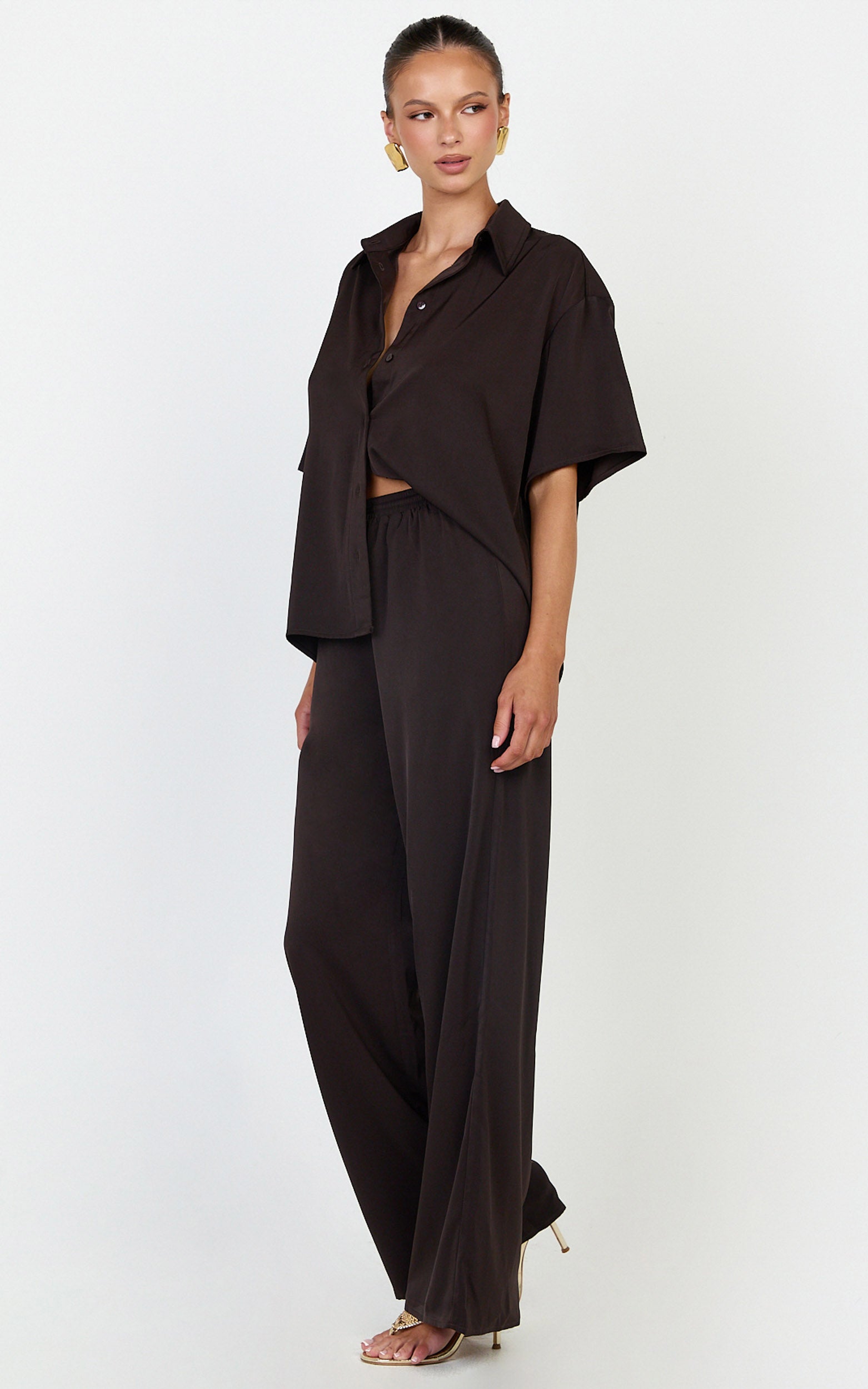 Robyn Pants - High Elastic Waist Relaxed Straight Leg Pants in Chocolate