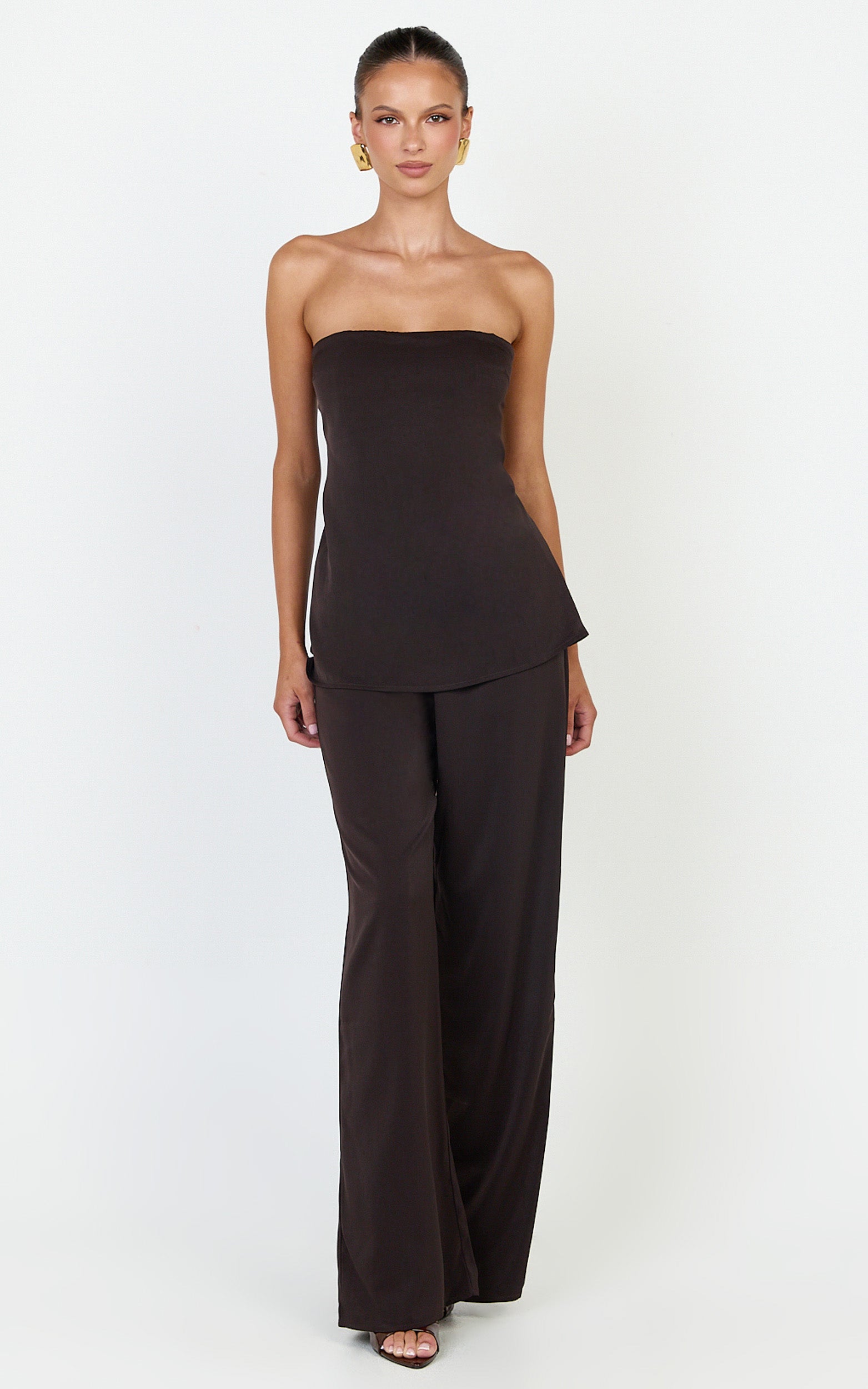 Robyn Pants - High Elastic Waist Relaxed Straight Leg Pants in Chocolate