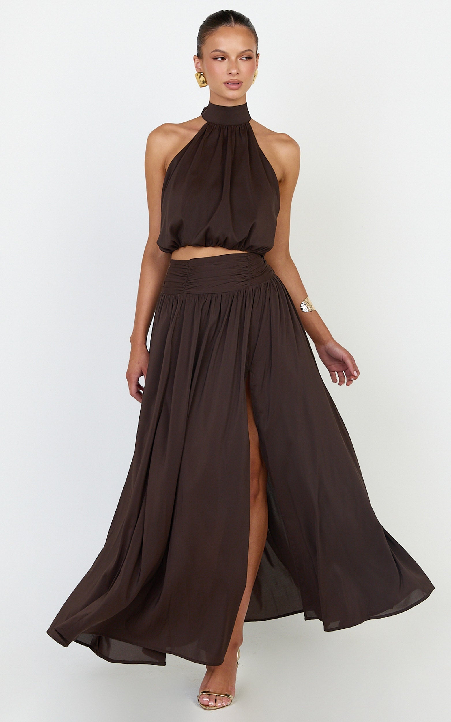 Melanie Maxi Skirt - Gathered Yoke Skirt in Brown