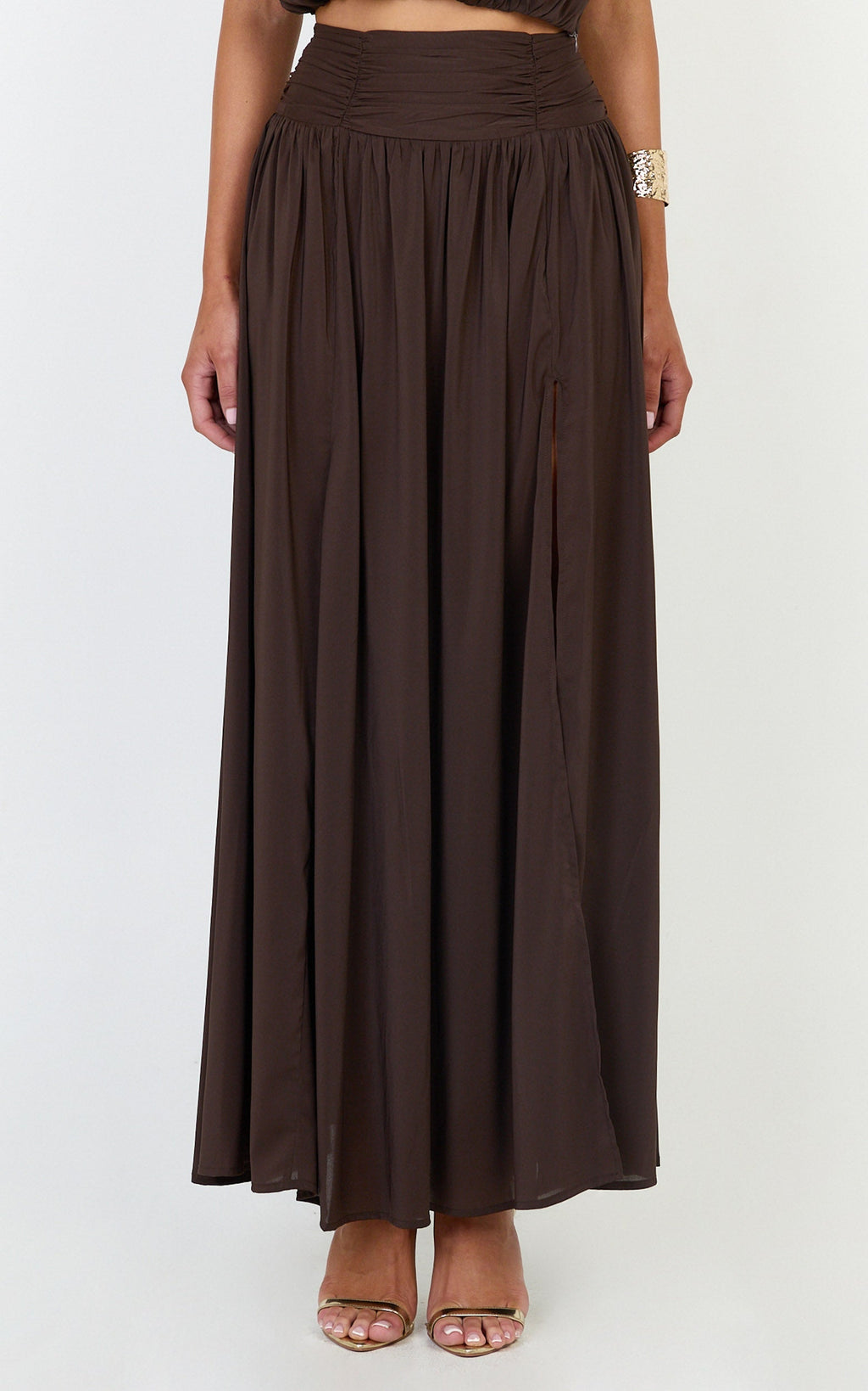 Melanie Maxi Skirt - Gathered Yoke Skirt in Brown