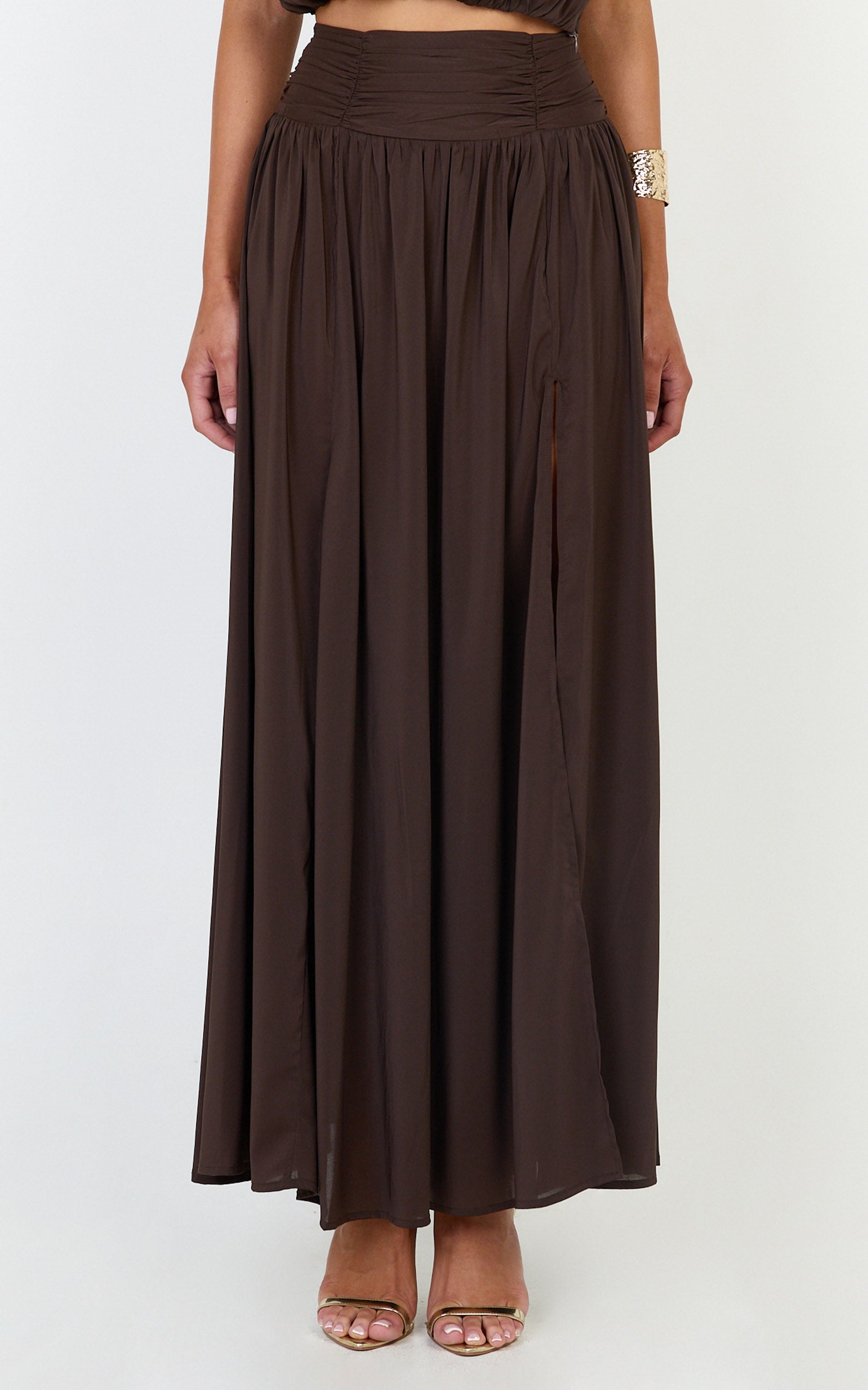 Melanie Maxi Skirt - Gathered Yoke Skirt in Brown