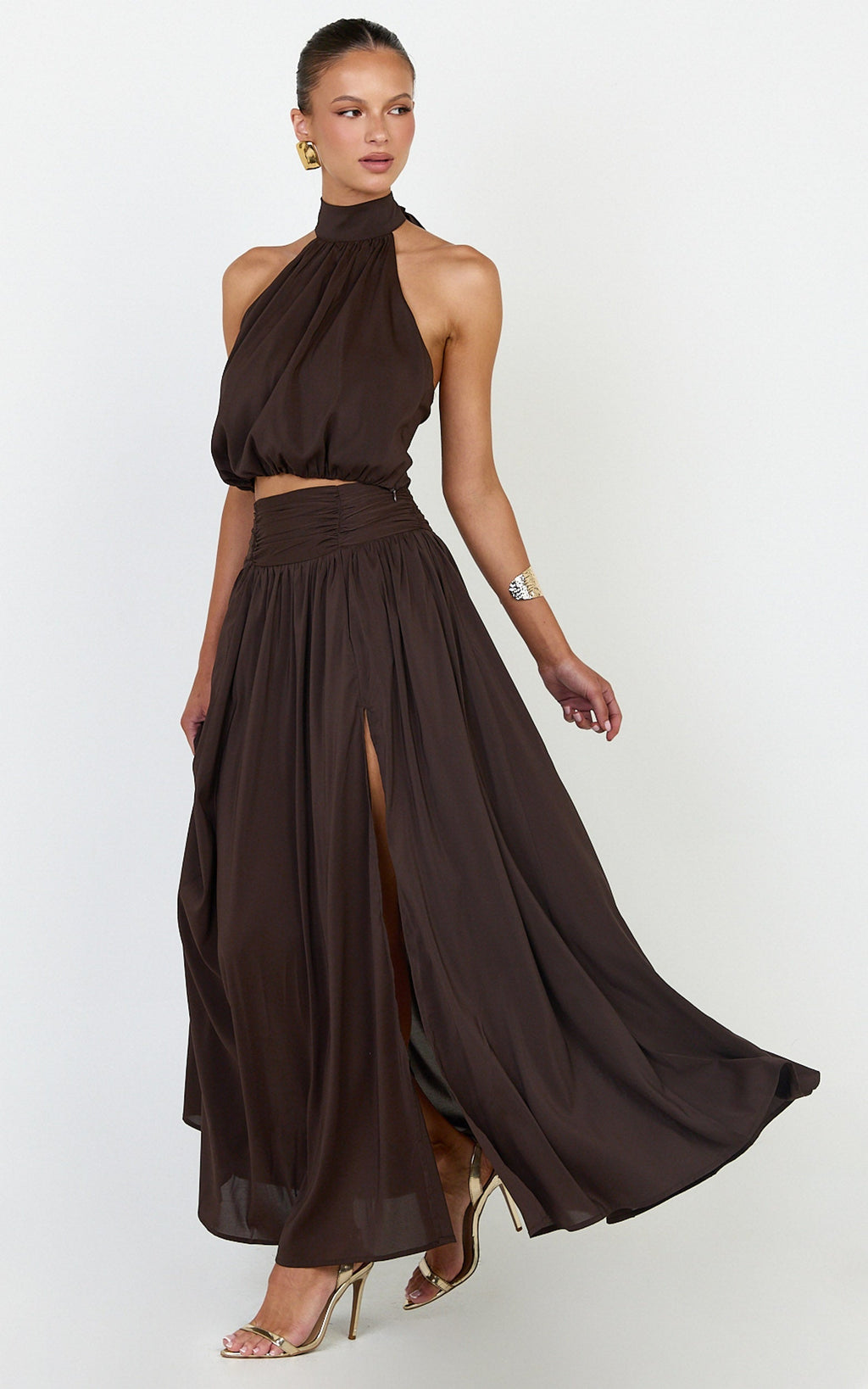 Melanie Maxi Skirt - Gathered Yoke Skirt in Brown