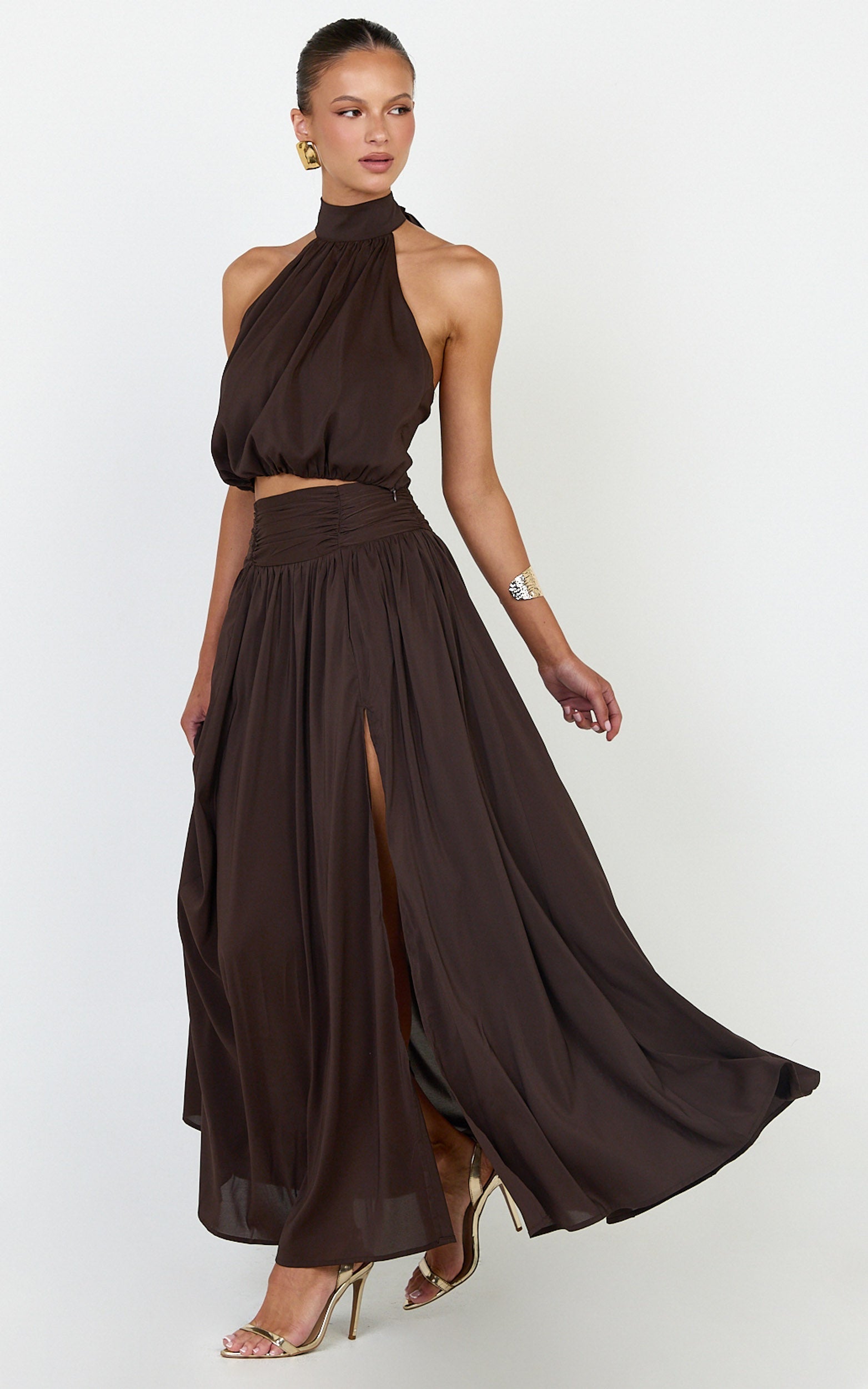 Melanie Maxi Skirt - Gathered Yoke Skirt in Brown