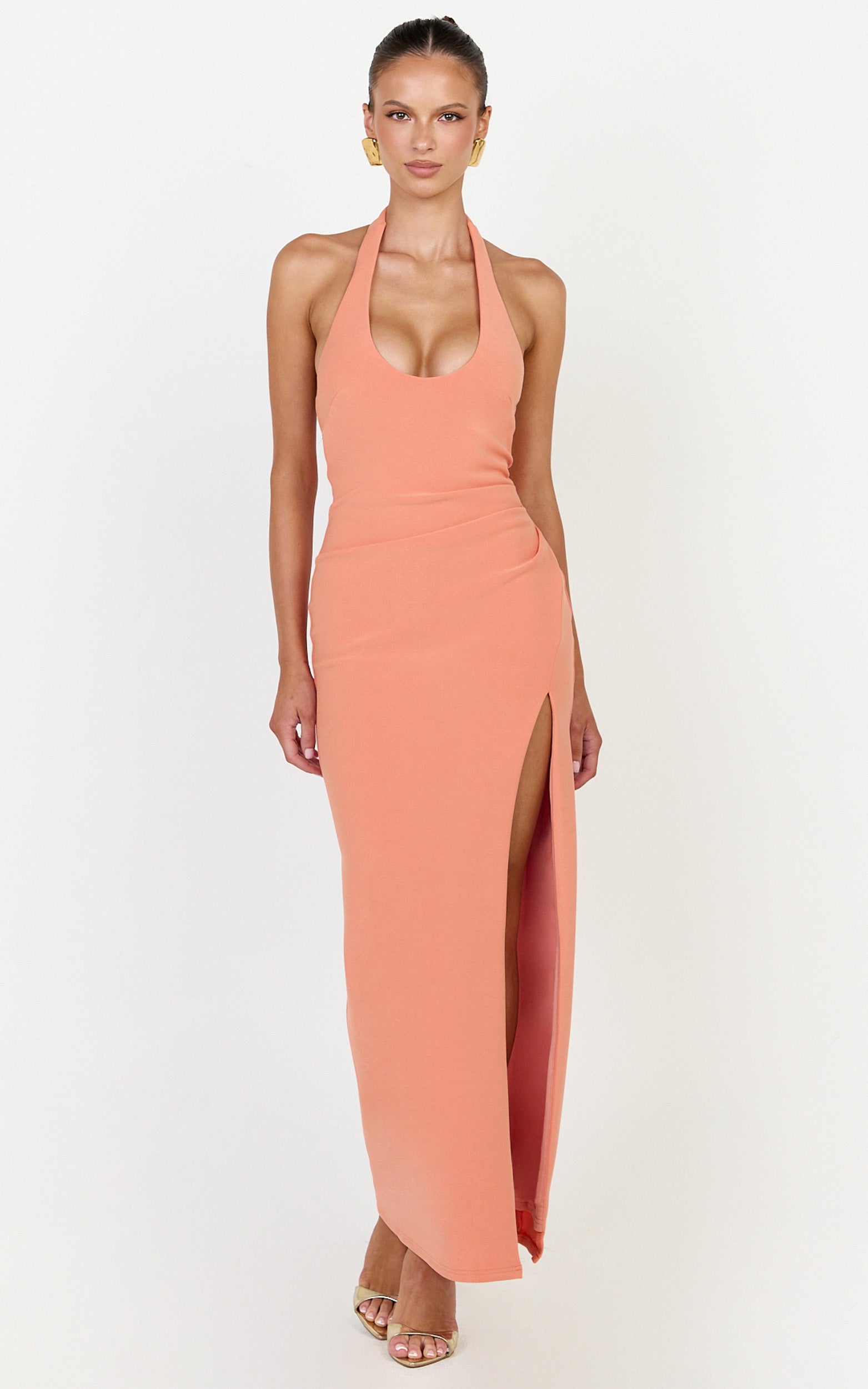 Ruby Maxi Dress - Halter Scoop Neck Low Back Bodycon Dress in Coral