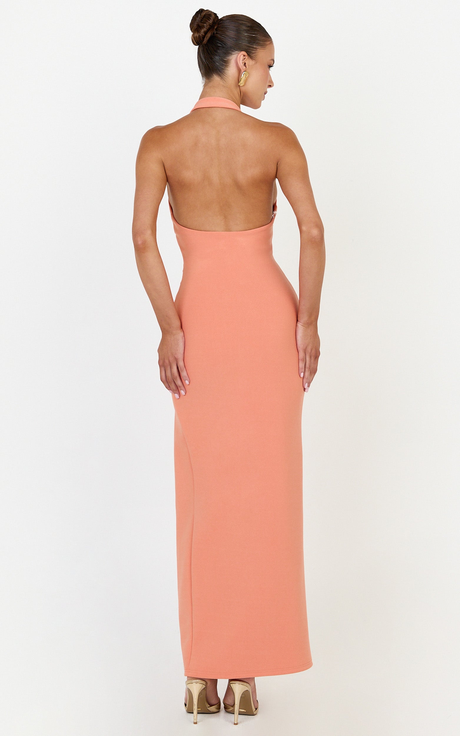 Ruby Maxi Dress - Halter Scoop Neck Low Back Bodycon Dress in Coral