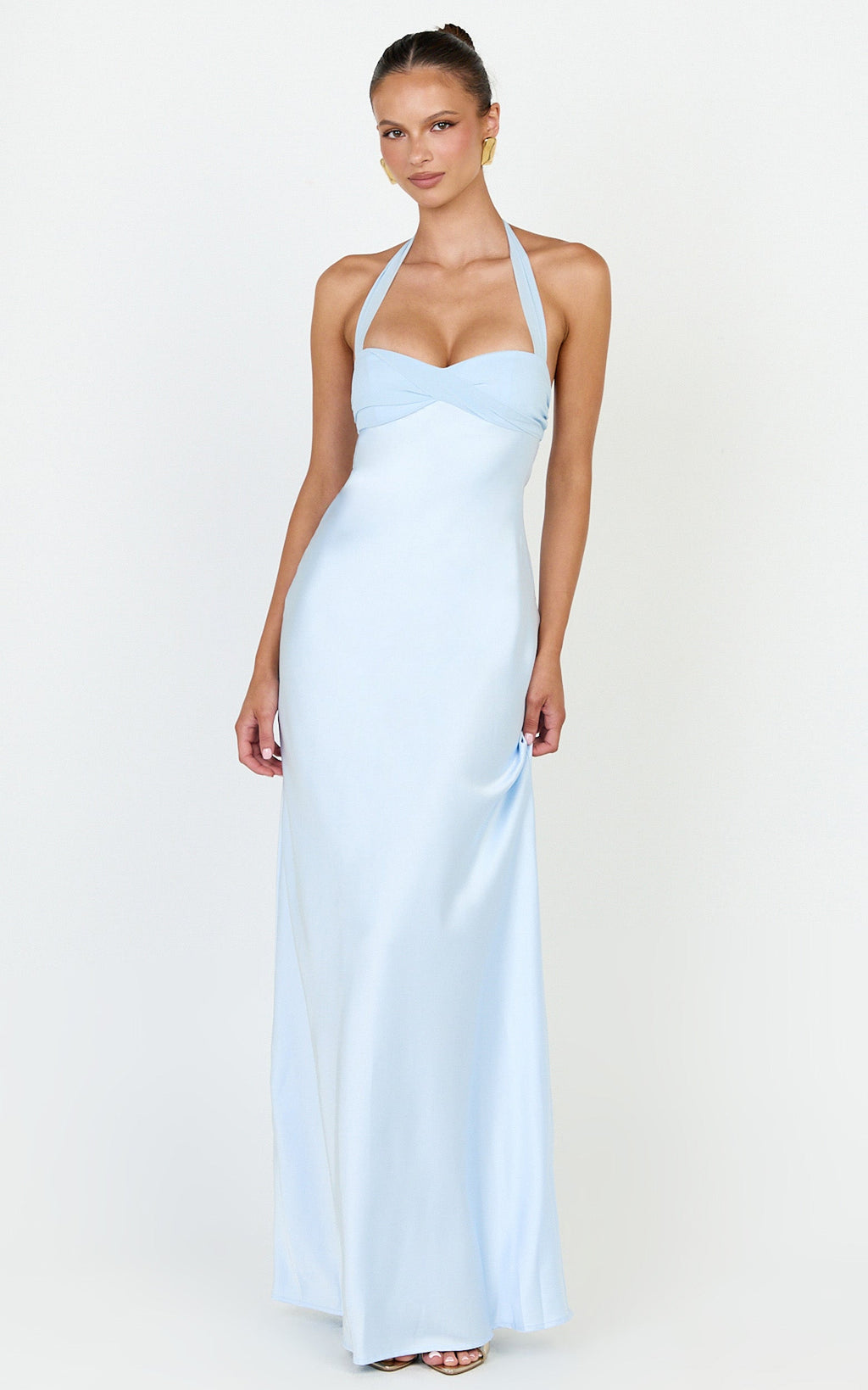 Flynn Maxi Dress - Satin Halter Sweetheart Neck Dress in Blue