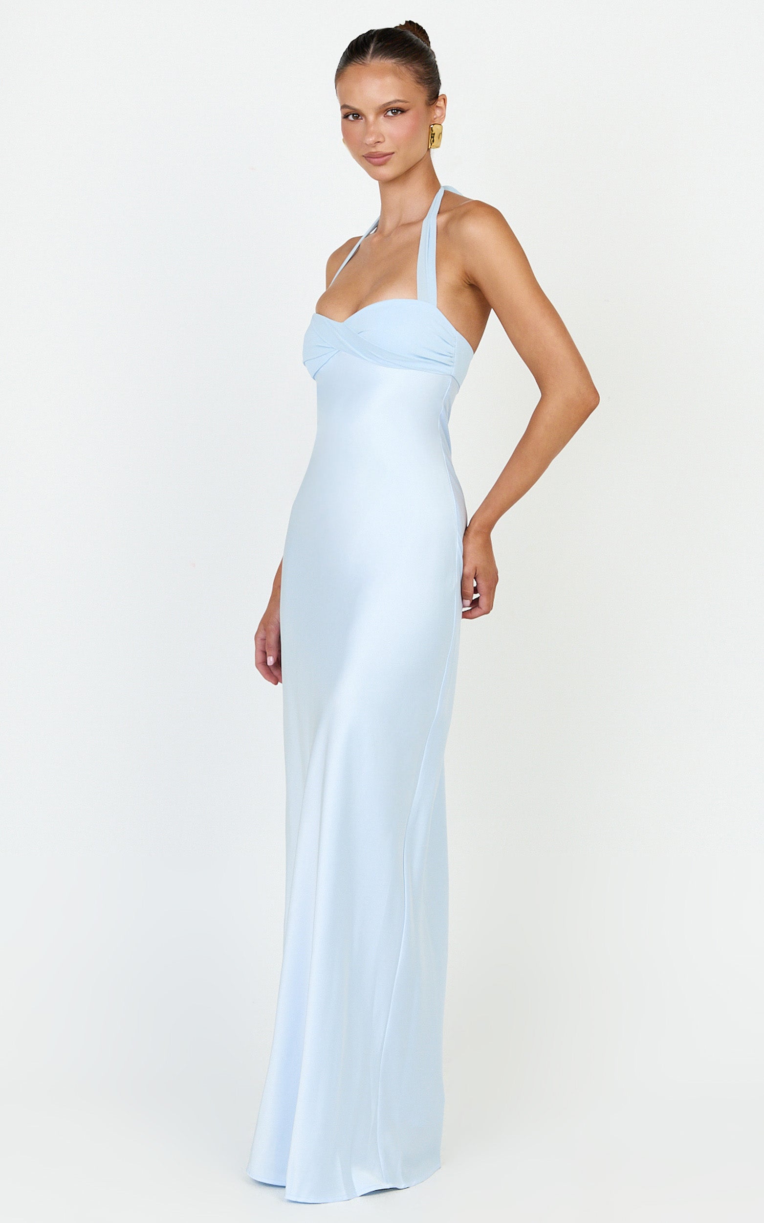 Flynn Maxi Dress - Satin Halter Sweetheart Neck Dress in Blue
