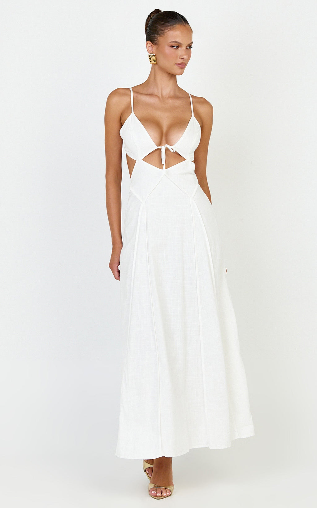 Grace Midi Dress - Strappy Cutaway with Godet Detail Dress in White