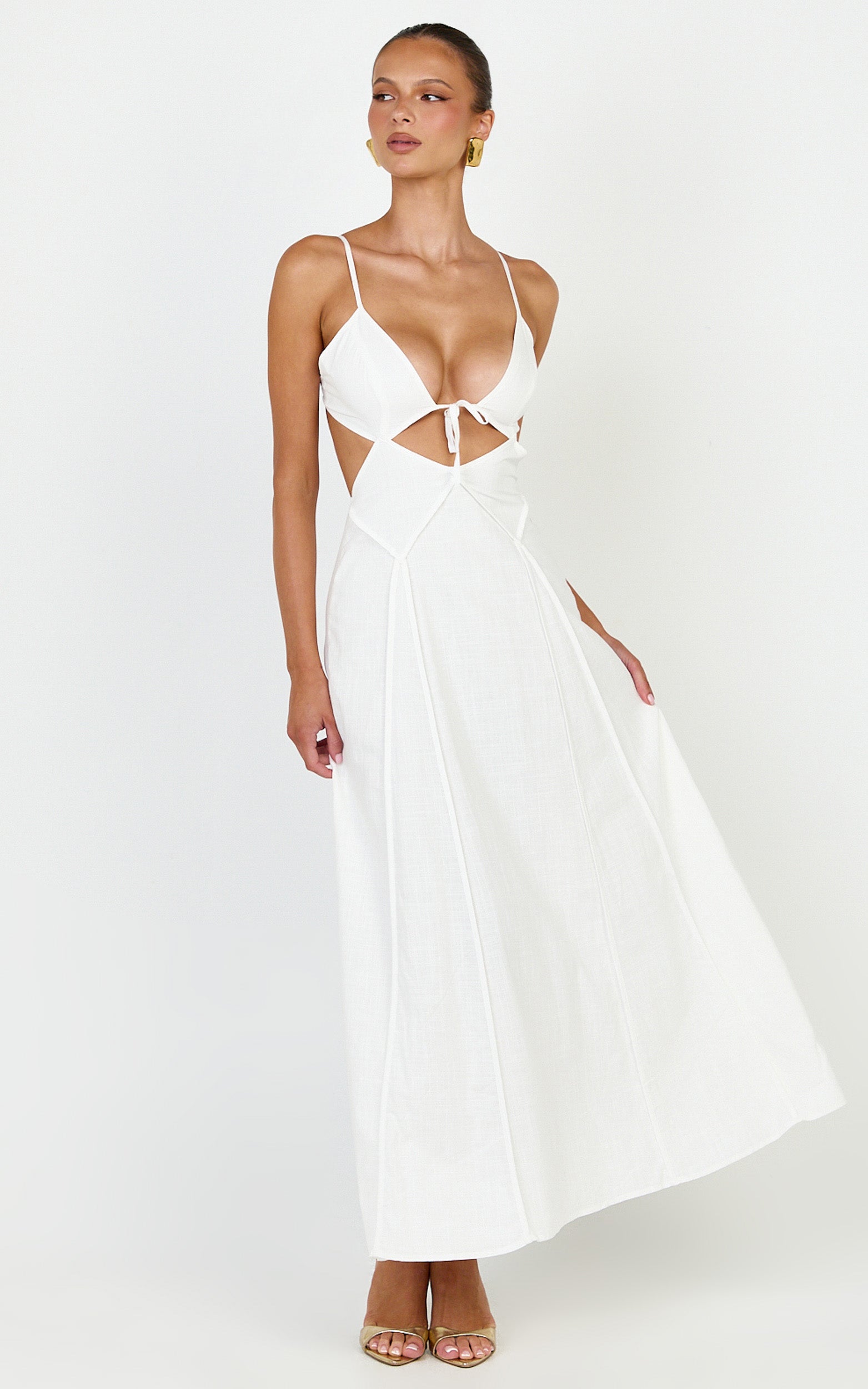 Grace Midi Dress - Strappy Cutaway with Godet Detail Dress in White