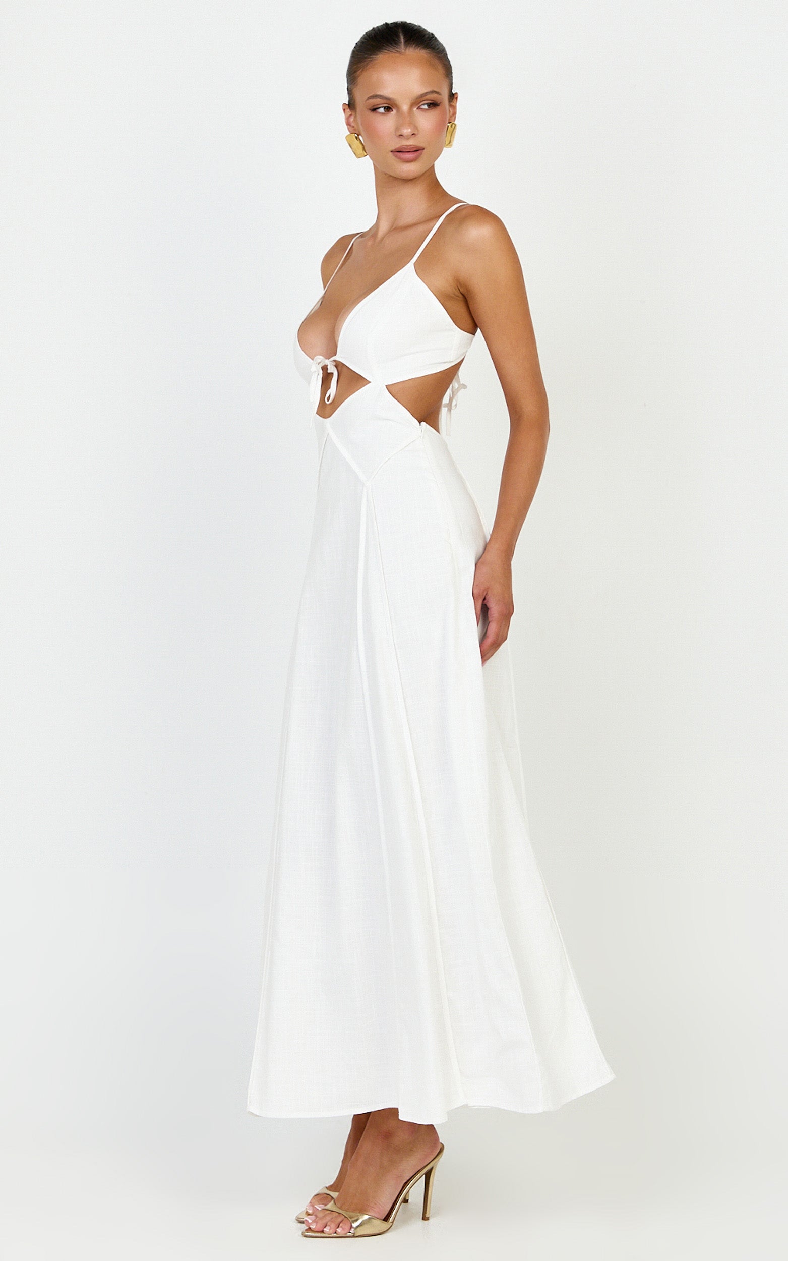Grace Midi Dress - Strappy Cutaway with Godet Detail Dress in White