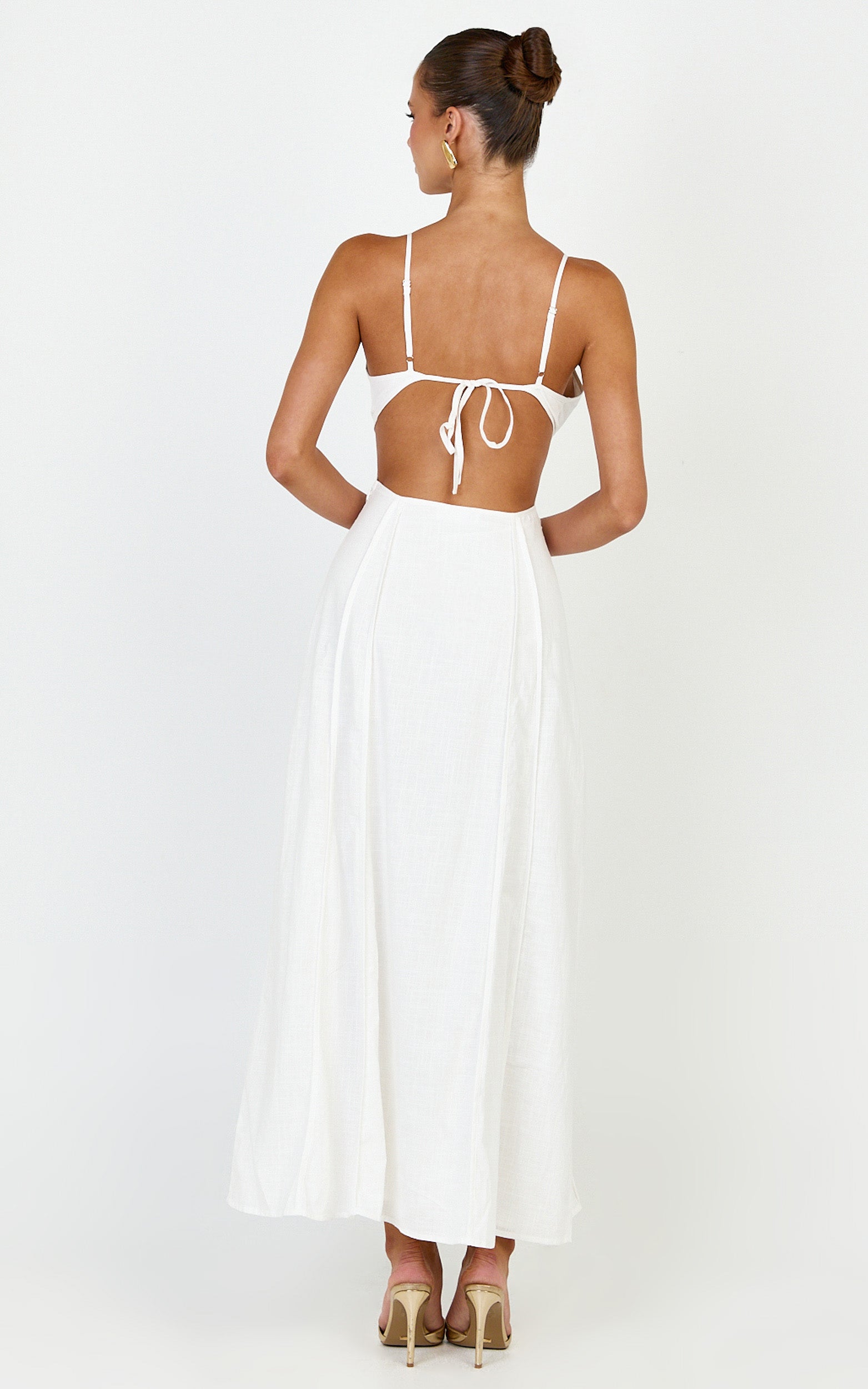 Grace Midi Dress - Strappy Cutaway with Godet Detail Dress in White