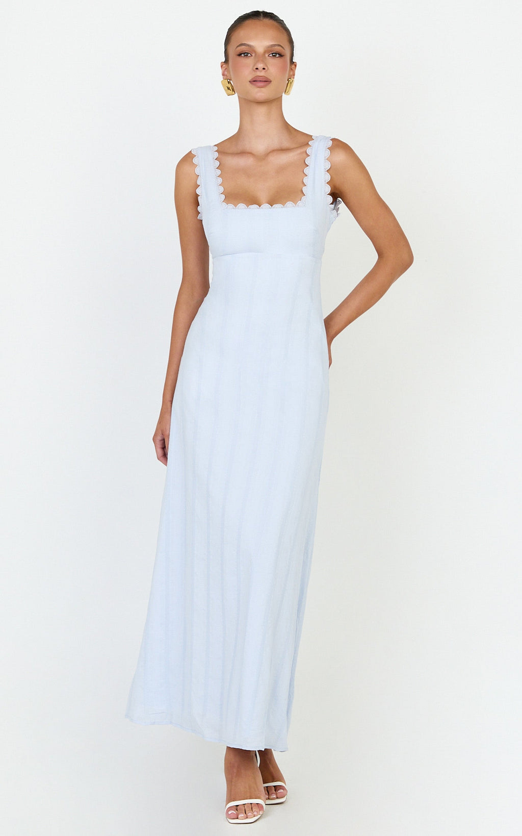 Roxanne Midi Dress - Square Neck Fit And Flare Dress in Light Blue